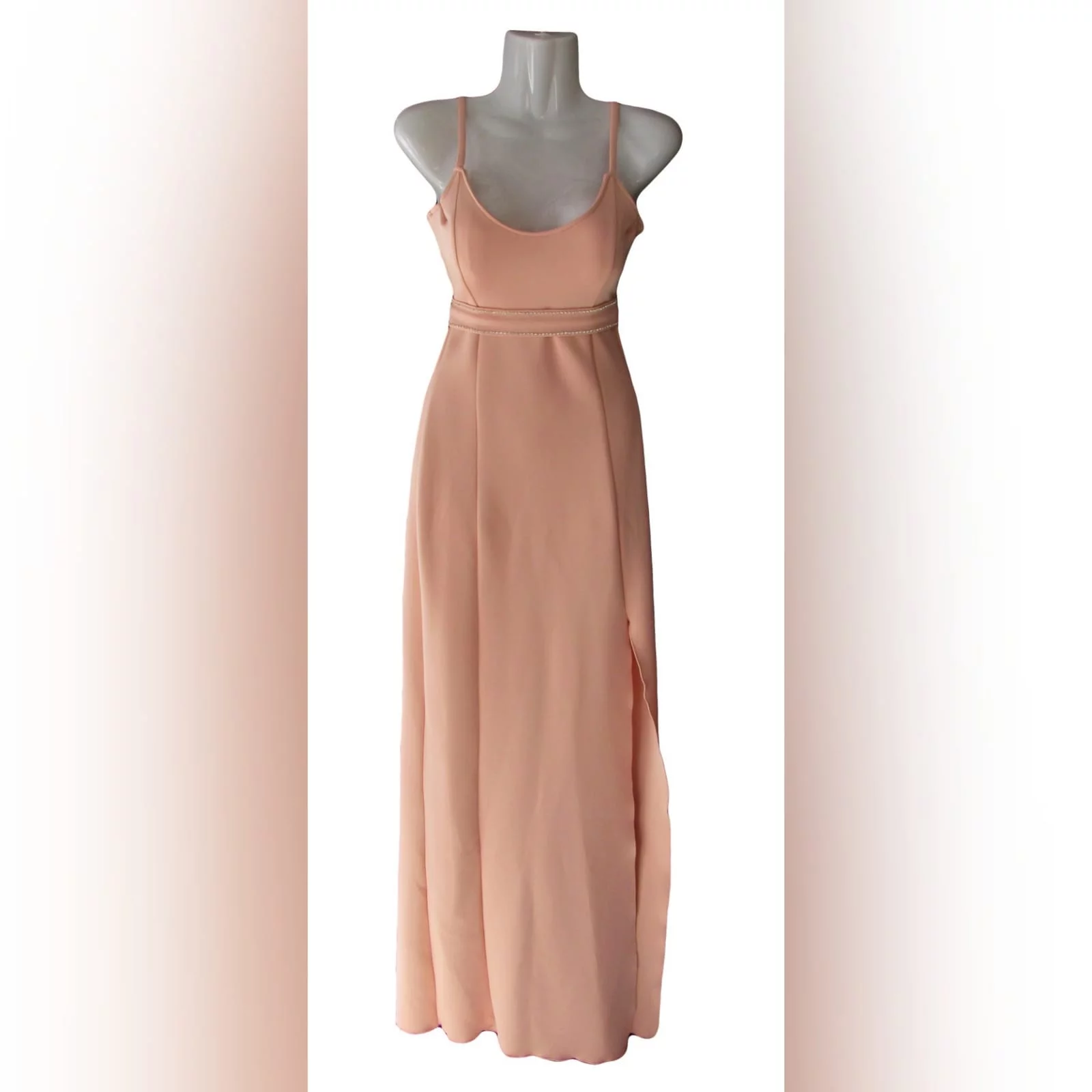 Long fitted peachy nude smart casual panel dress 3 long fitted peachy nude smart casual panel dress with a slit, shoulder straps and a removable waist belt detailed with diamante.