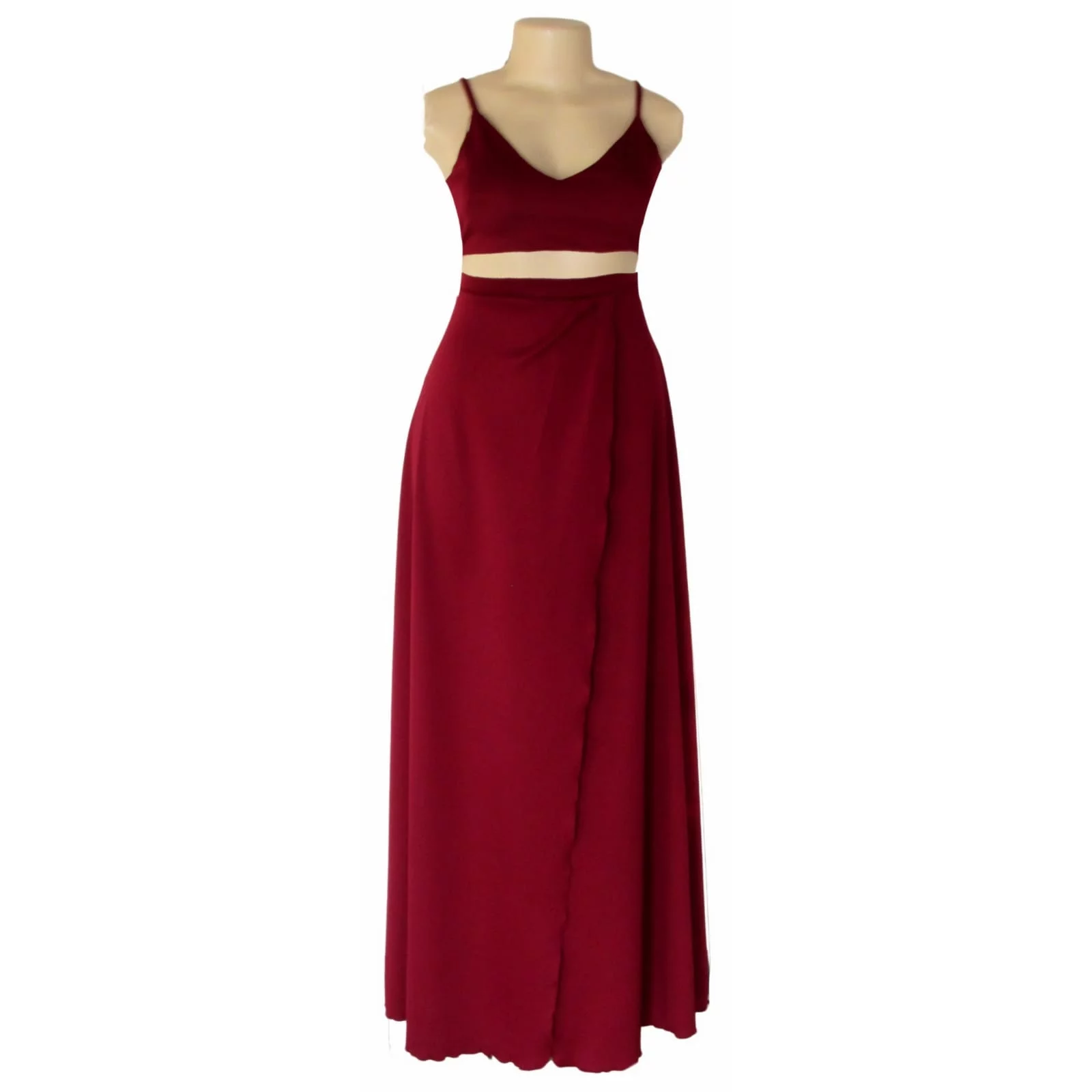 Maroon 2 piece smart casual wear 1 maroon 2 piece smart casual wear with a crop top and a long skirt with a crossed slit.