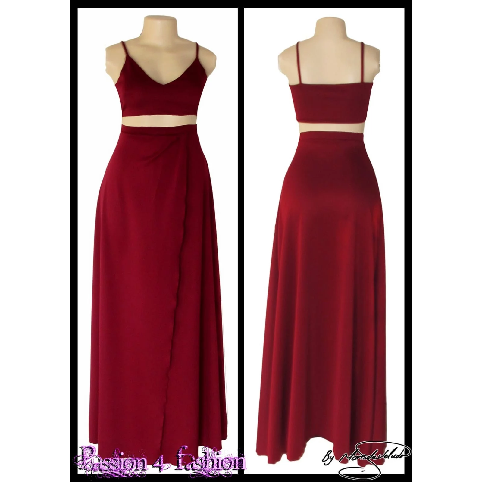 Maroon 2 piece smart casual wear 2 maroon 2 piece smart casual wear with a crop top and a long skirt with a crossed slit.