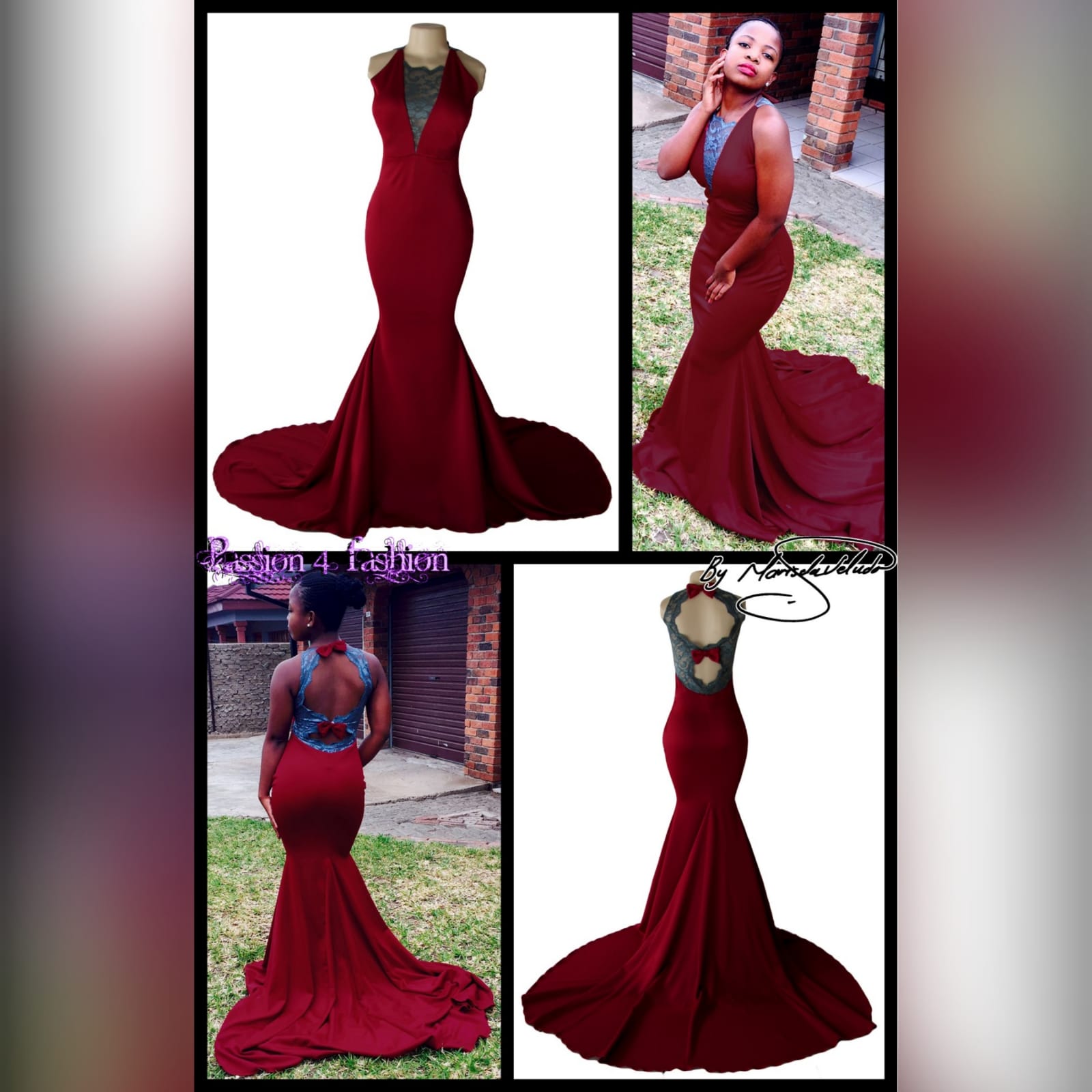Maroon and gray soft mermaid prom dress with a train 3 maroon and gray soft mermaid prom dress with a train. Neckline and back in gray lace. Back detailed with bows