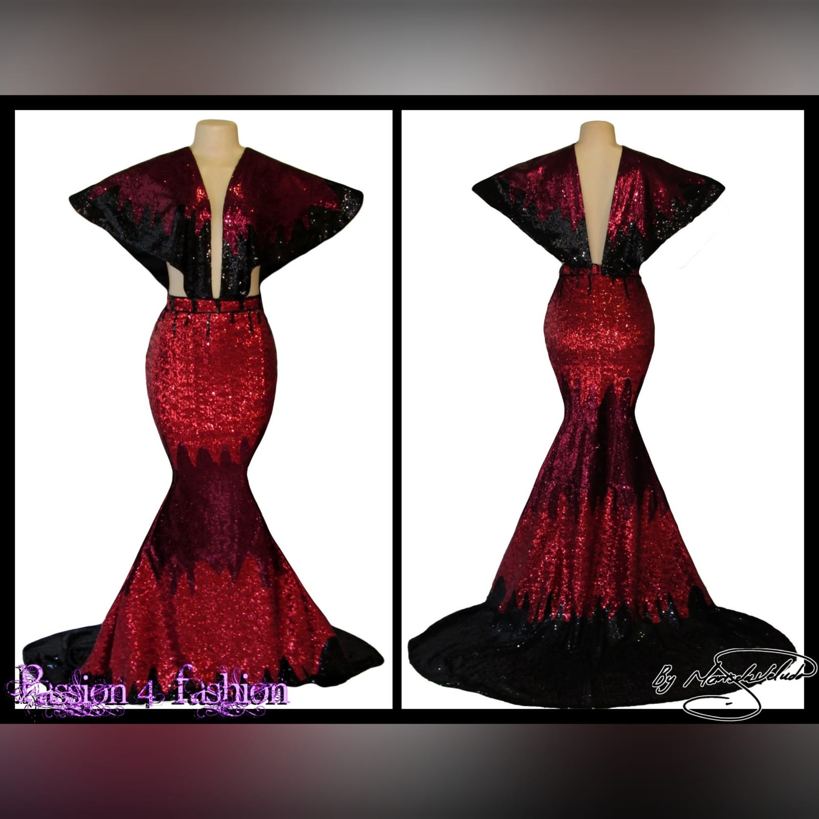 Maroon, burgundy and black sequins prom dress 4 maroon, burgundy and black fully sequined soft mermaid, plunging neckline prom dance dress. With a v open back and wide shoulders creating a short sleeve.