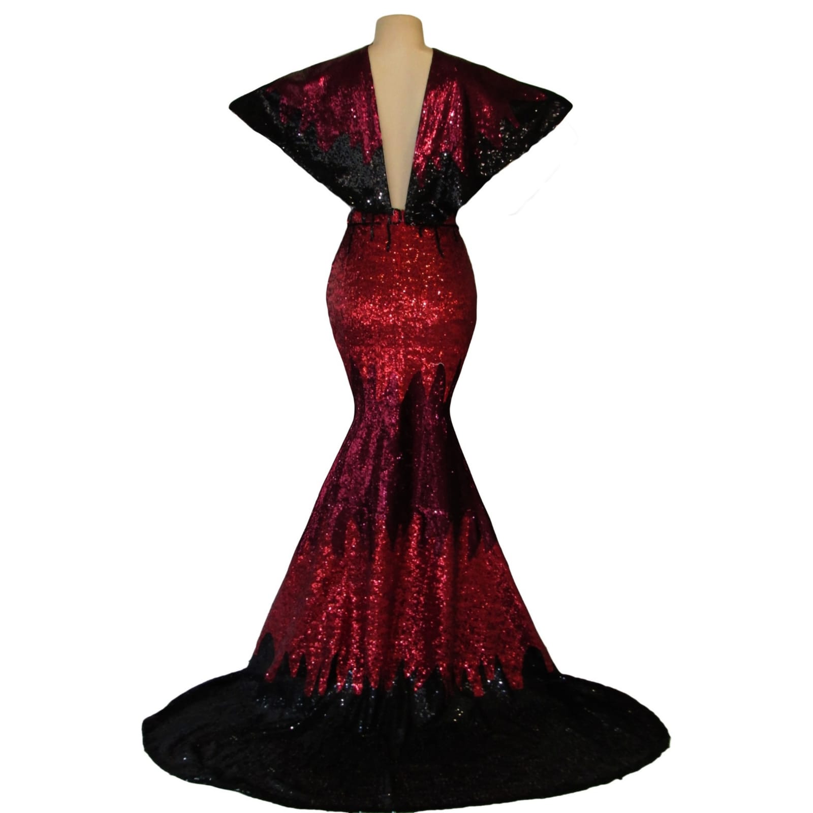 Maroon, burgundy and black sequins prom dress 2 maroon, burgundy and black fully sequined soft mermaid, plunging neckline prom dance dress. With a v open back and wide shoulders creating a short sleeve.