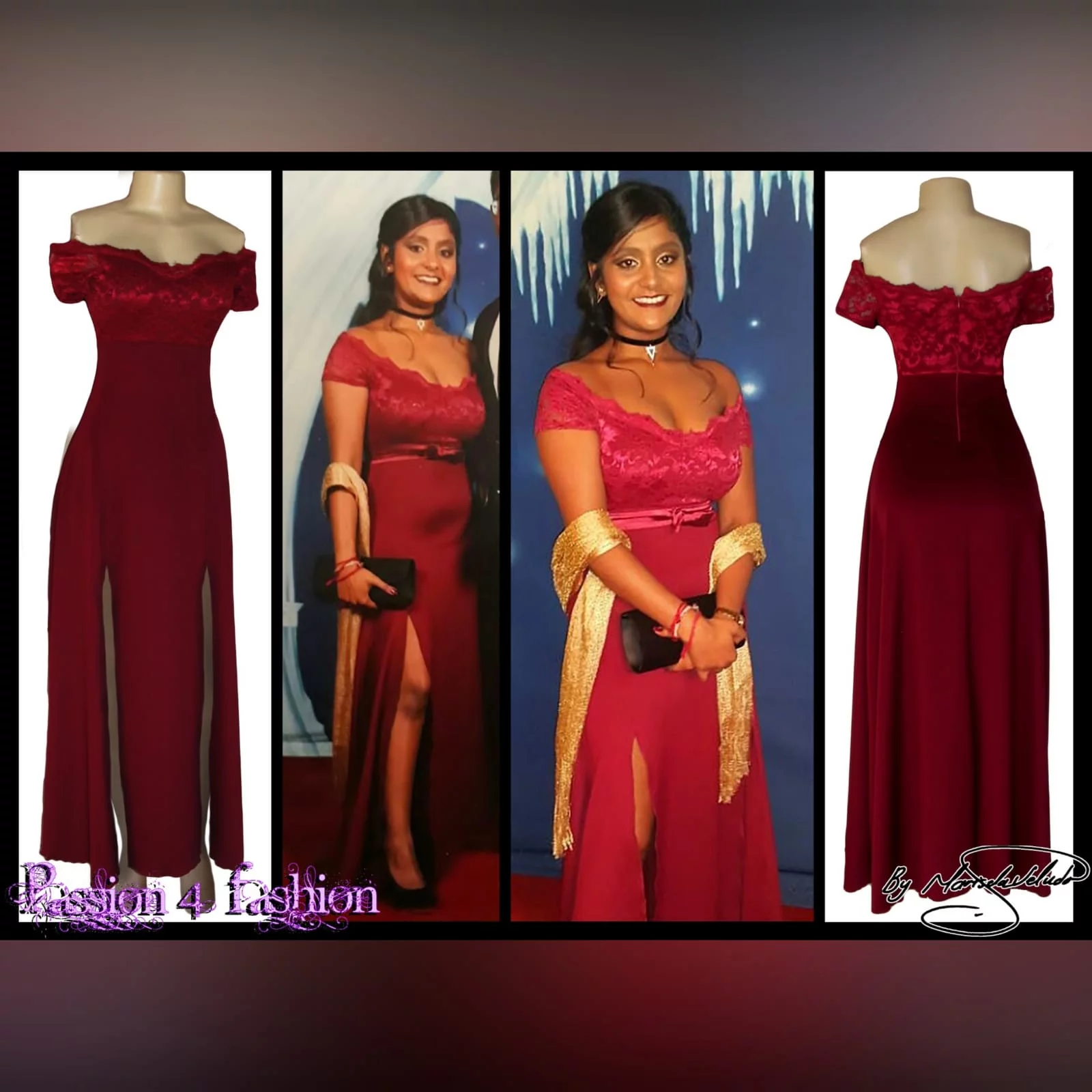 Maroon double slit matric dance dress 2 maroon double slit matric dance dress with an off shoulder lace bodice and a detachable belt.