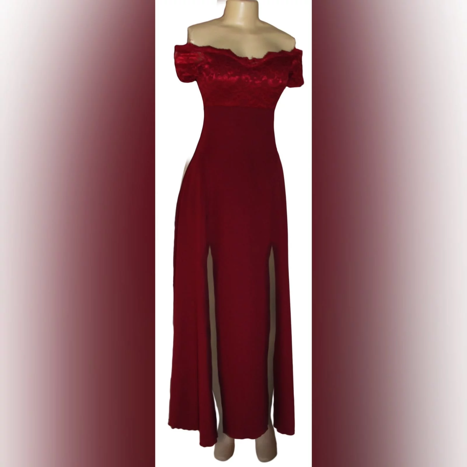 Maroon double slit matric dance dress 3 maroon double slit matric dance dress with an off shoulder lace bodice and a detachable belt.