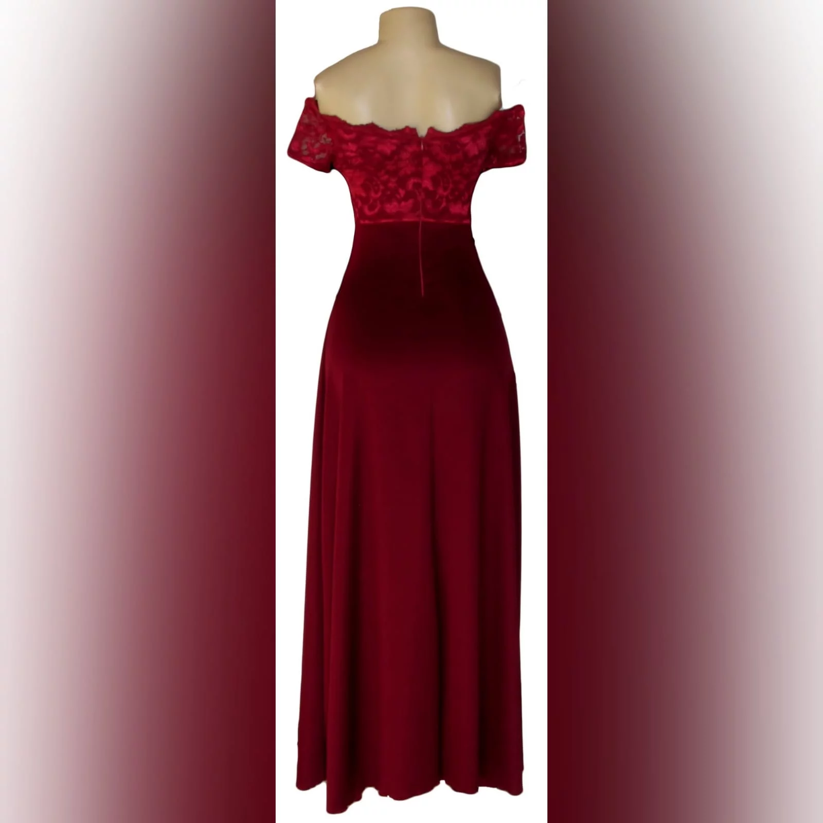Maroon double slit matric dance dress 4 maroon double slit matric dance dress with an off shoulder lace bodice and a detachable belt.