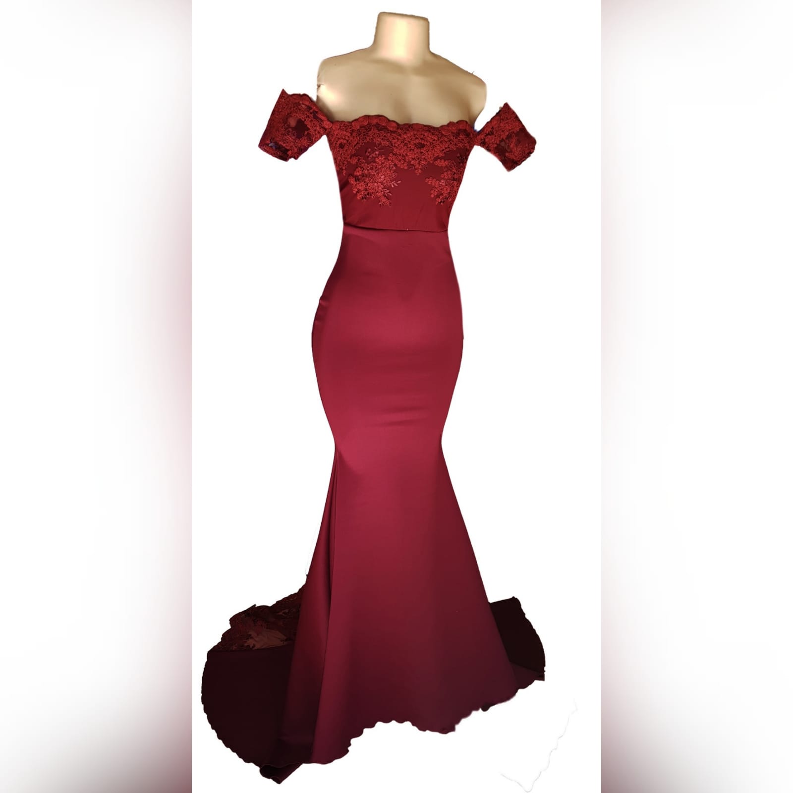 Maroon soft mermaid evening dress with lace bodice 1 maroon soft mermaid evening dress with lace bodice, back detailed with lace. With a lace train and lace border.