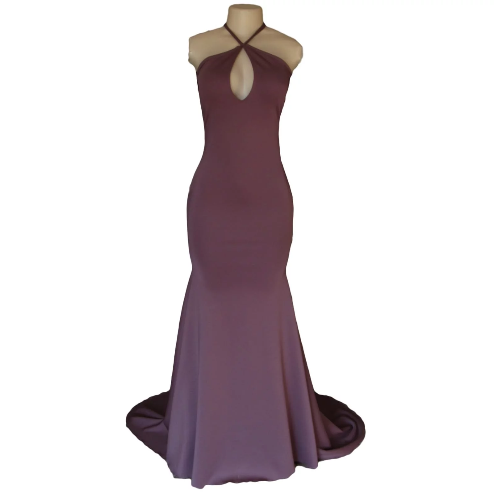 Mauve soft mermaid matric dance dress 6 mauve soft mermaid matric dance dress with a low open pleated back with cross strap with a train and a teardrop cleavage opening.