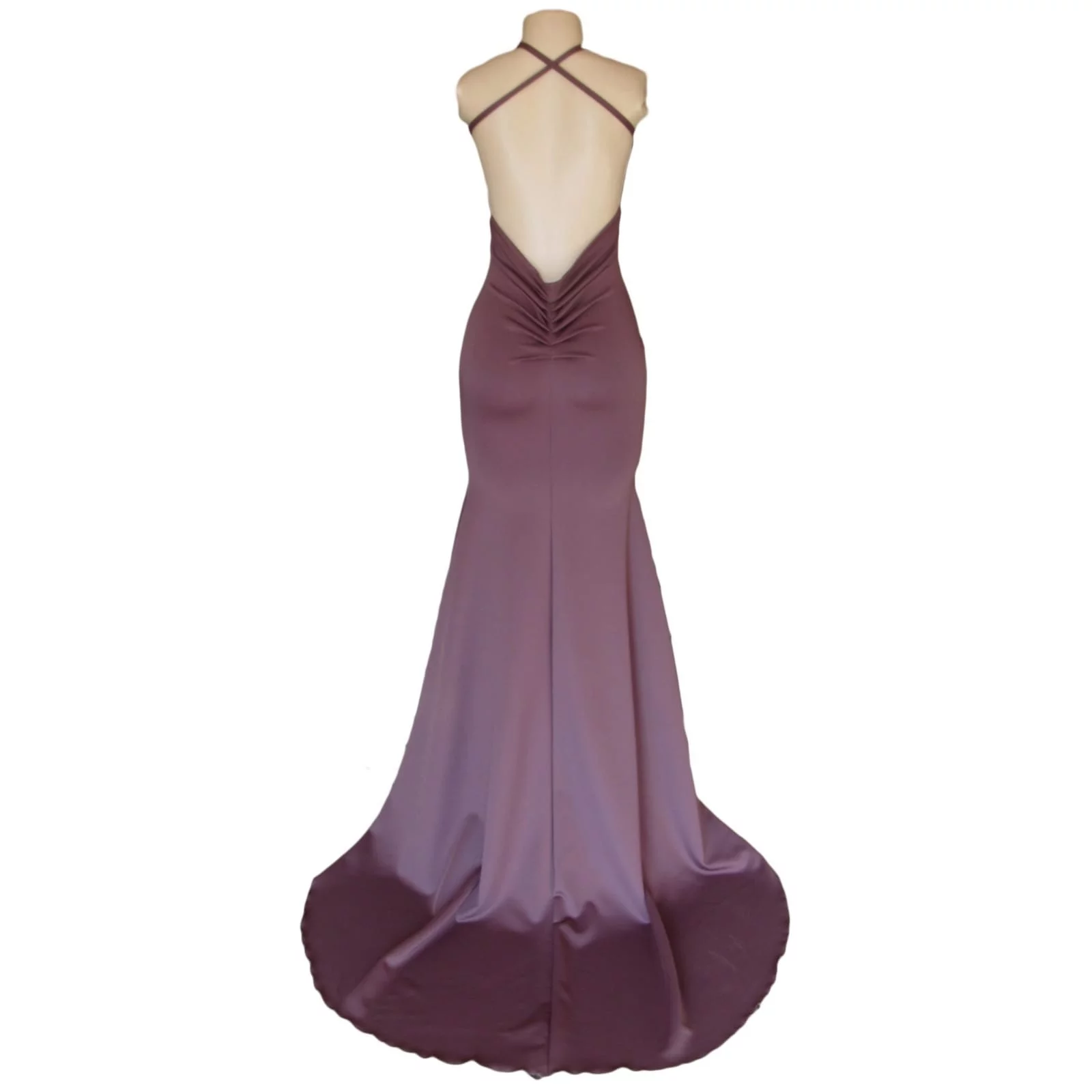 Mauve soft mermaid matric dance dress 7 mauve soft mermaid matric dance dress with a low open pleated back with cross strap with a train and a teardrop cleavage opening.