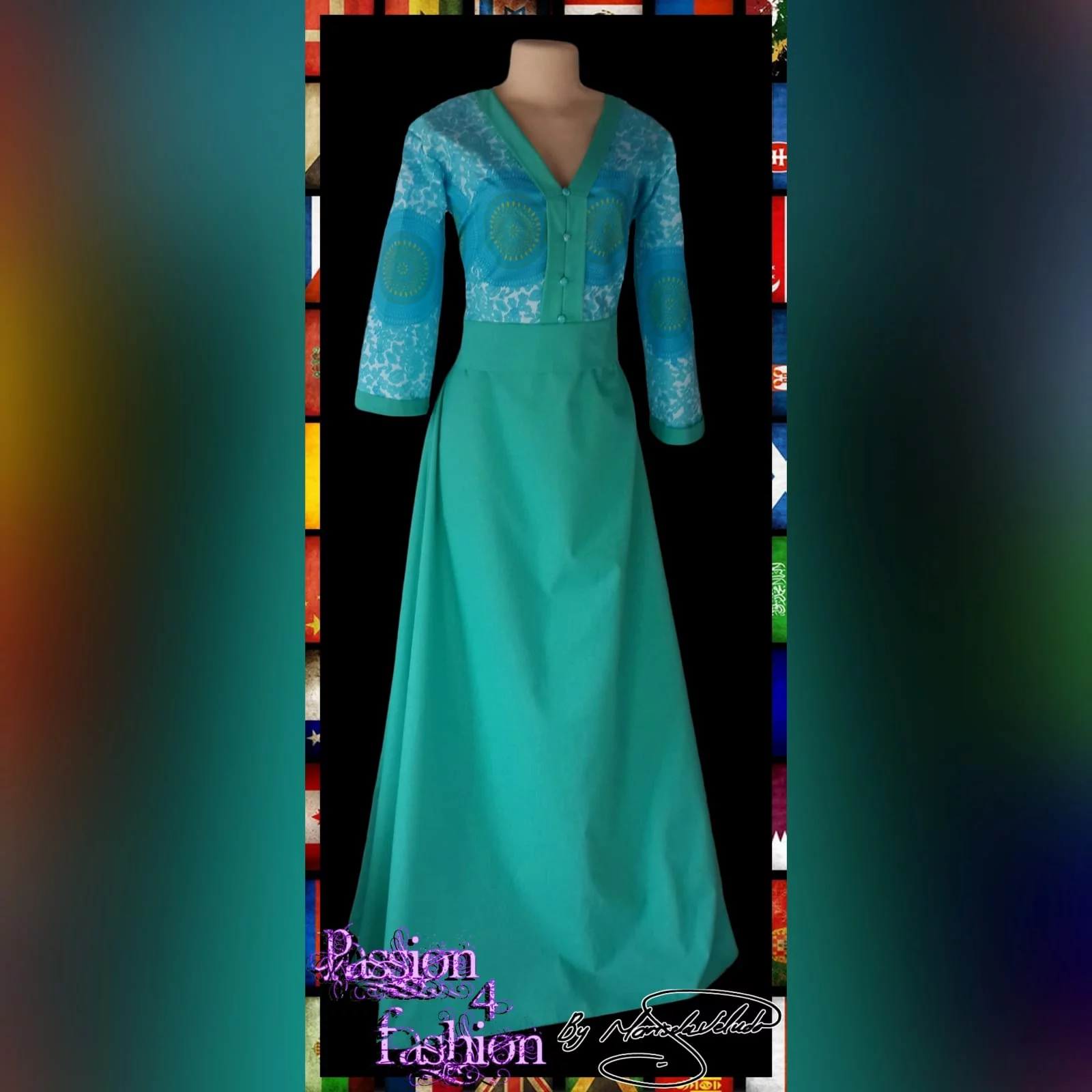 Mint green long modern traditional dress 1 mint green long modern traditional dress with 3/4  length sleeves