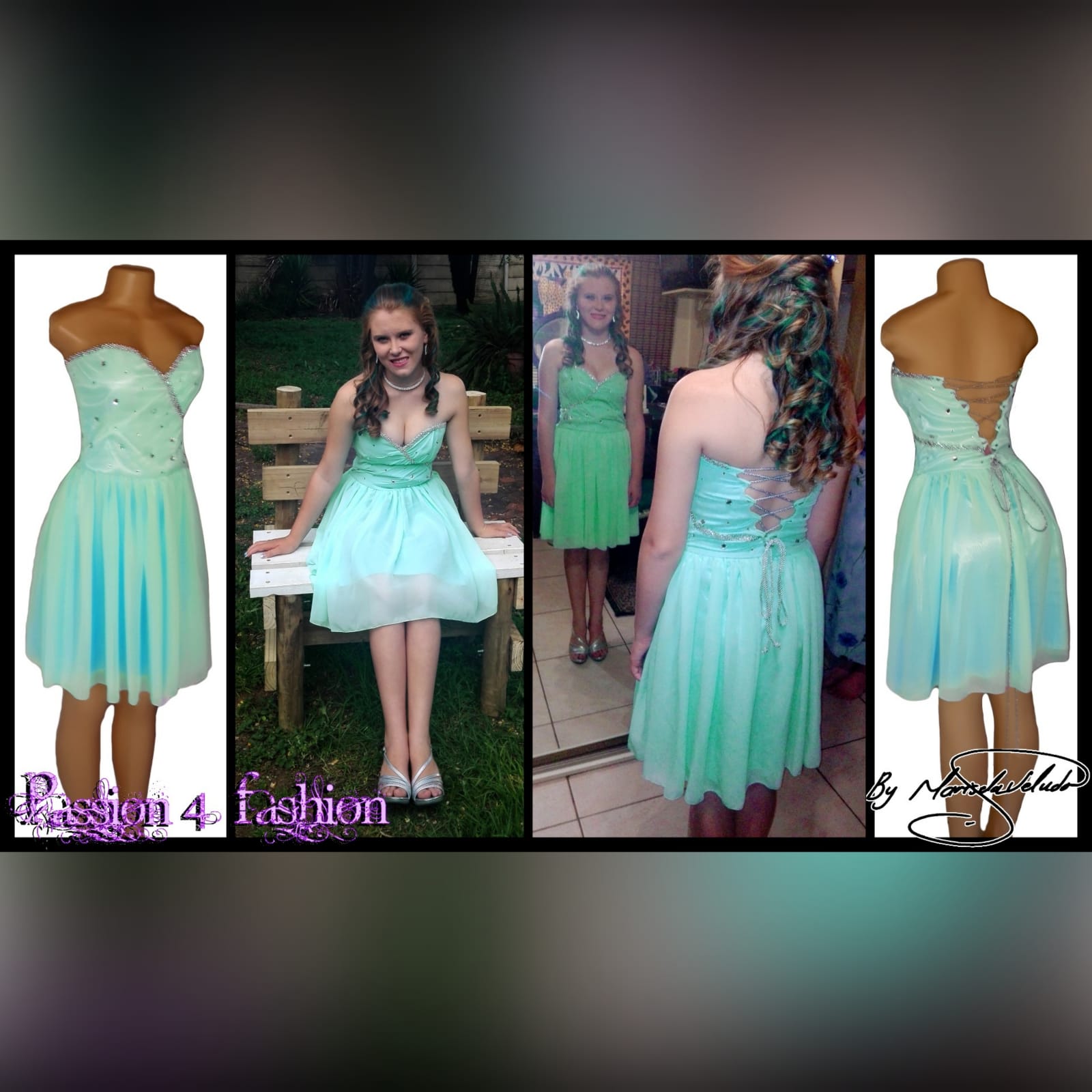 Mint green short matric dress with beaded bodice 6 mint green short matric dress with beaded bodice, boob tube sweetheart neckline and a lace-up open back.