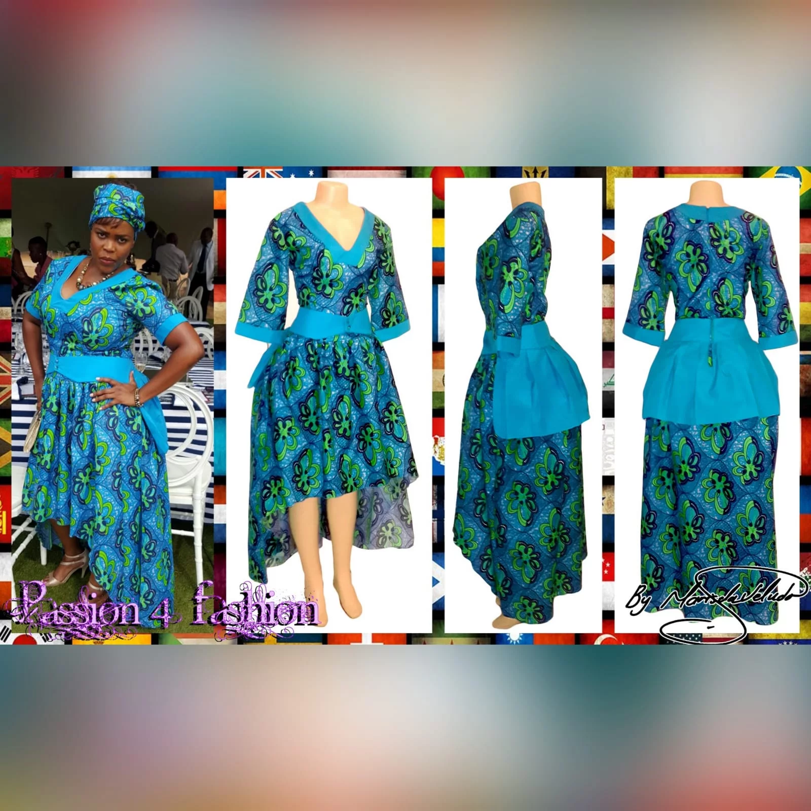 Modern traditional green and blue high low dress 6 modern traditional green and blue hi lo dress with a v neckline, 3/4 sleeves and a back peplum with a waistbelt. Matching doek.