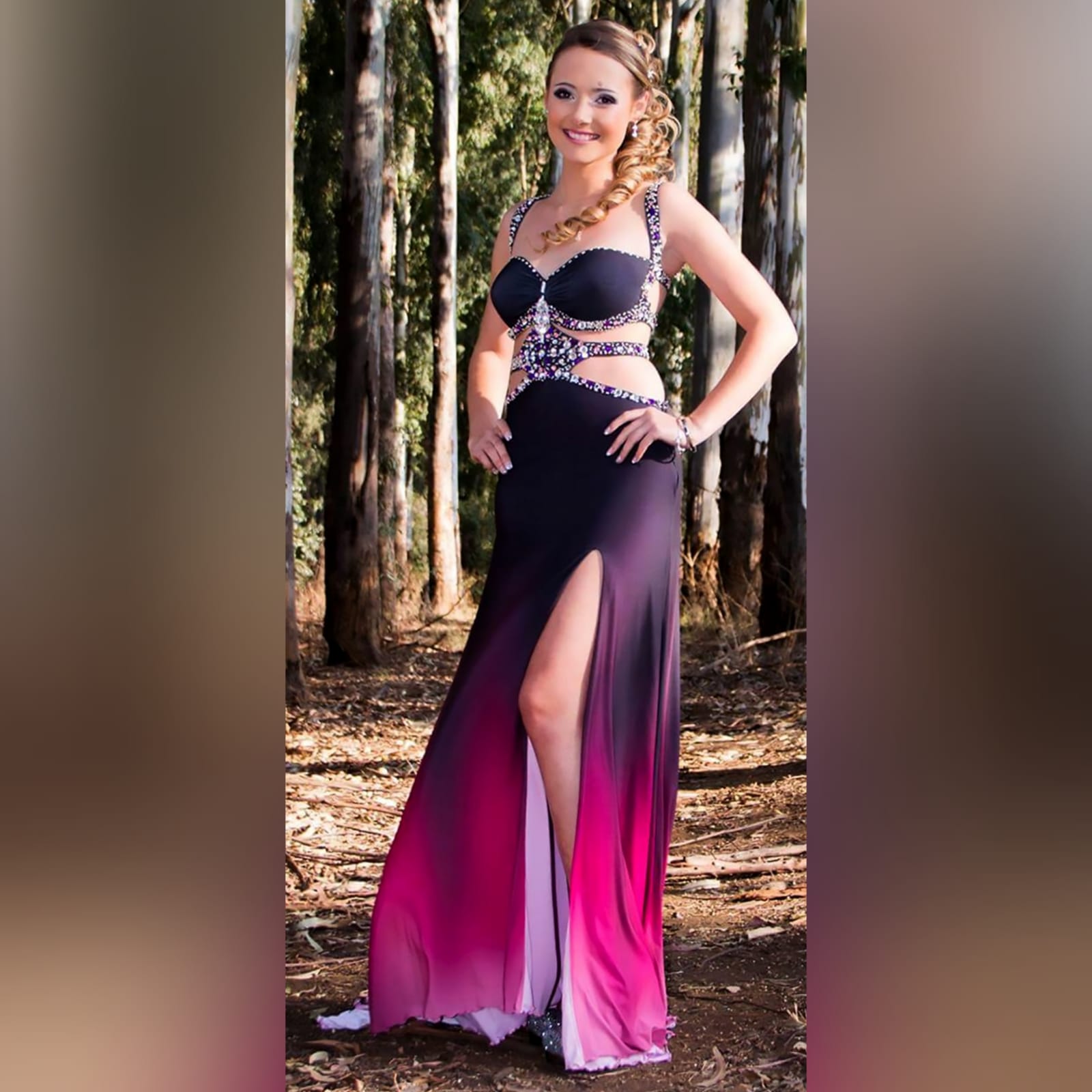 Black pink ombre sexy matric dance dress 7 black and pink ombre sexy matric dance dress. With a slit and a train. With tummy and back openings detailed with silver and pink beads.