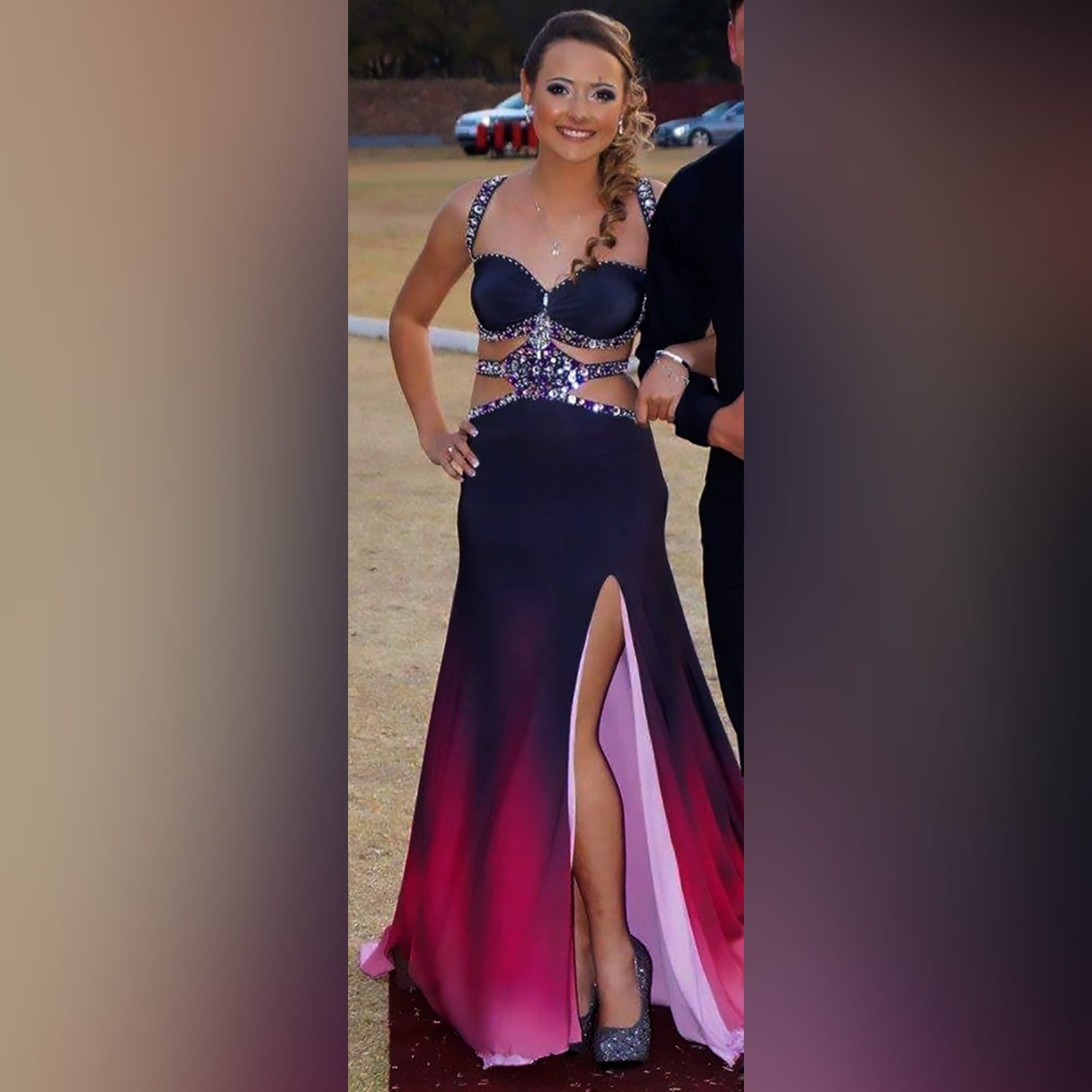 Black pink ombre sexy matric dance dress 9 black and pink ombre sexy matric dance dress. With a slit and a train. With tummy and back openings detailed with silver and pink beads.