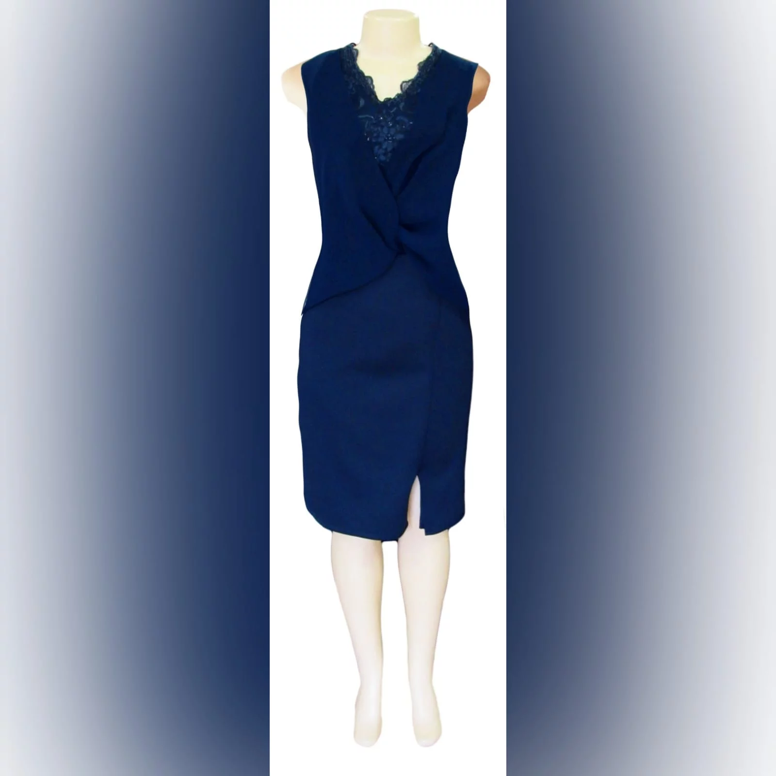 Navy blue knee length mother of the bride dress 5 navy blue knee length mother of the bride dress, fitted bottom, with a slit. Lace bodice with an overlay of pleated chiffon.