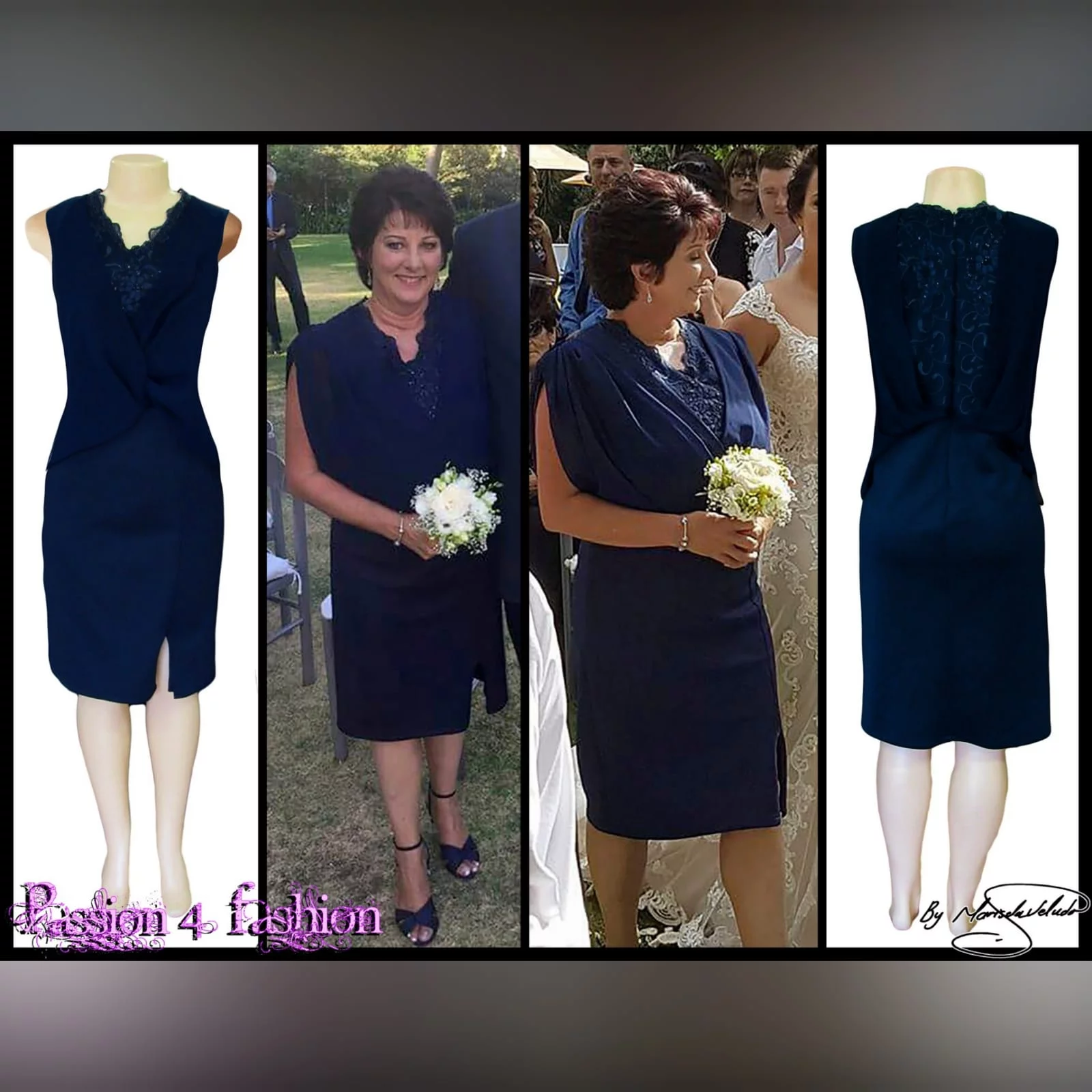 Navy blue knee length mother of the bride dress 6 navy blue knee length mother of the bride dress, fitted bottom, with a slit. Lace bodice with an overlay of pleated chiffon.