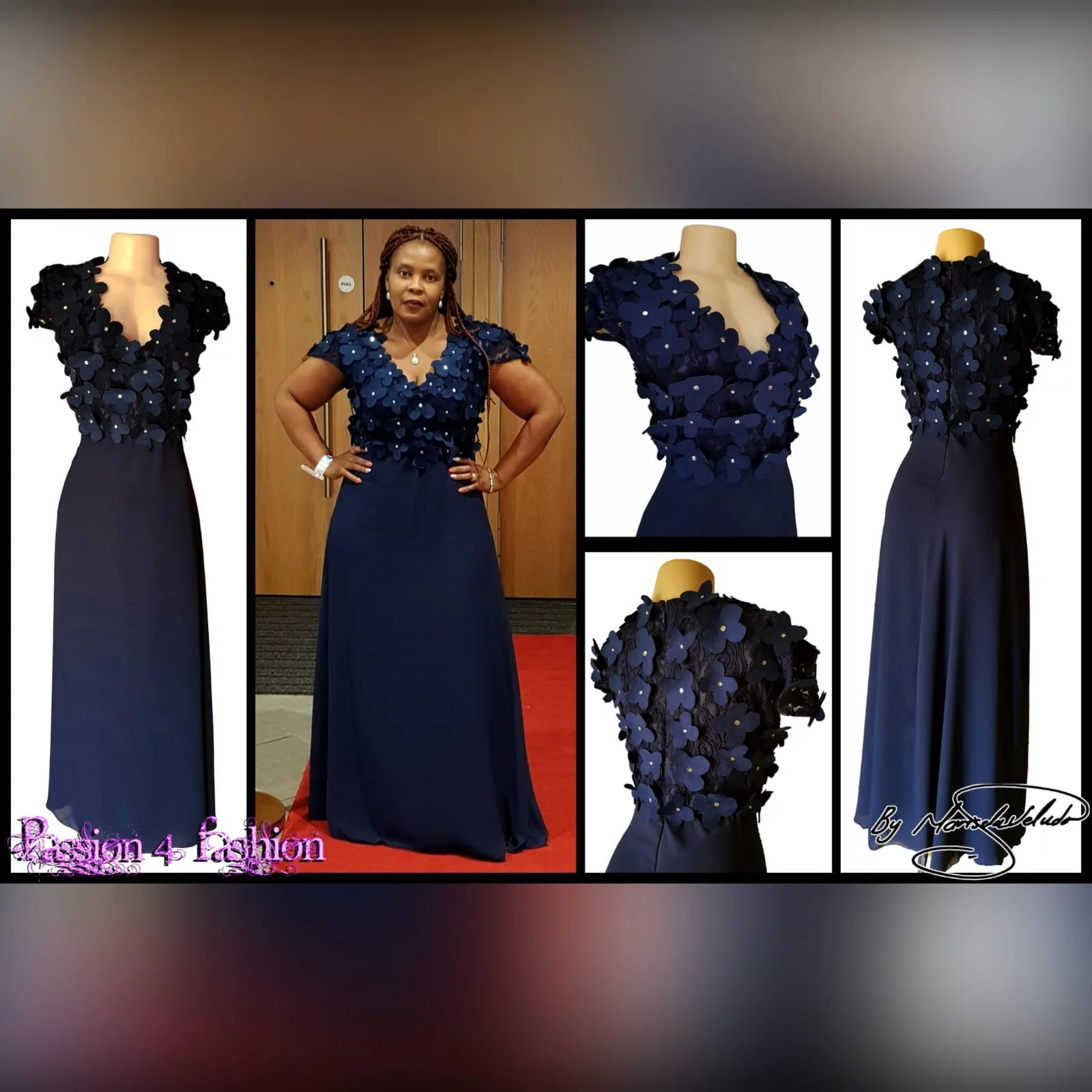 Navy blue long evening dress bodice 6 navy blue long evening dress bodice in lace with 3d suede flowers, detailed with silver beads.