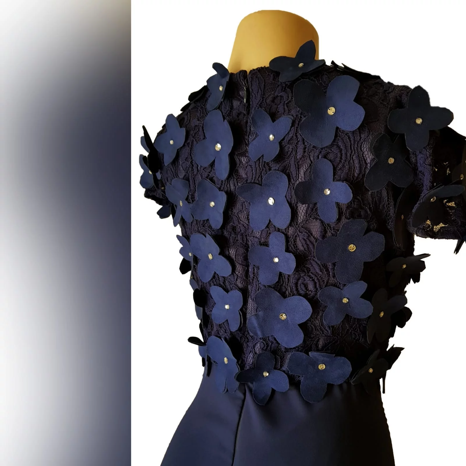 Navy blue long evening dress bodice 7 navy blue long evening dress bodice in lace with 3d suede flowers, detailed with silver beads.