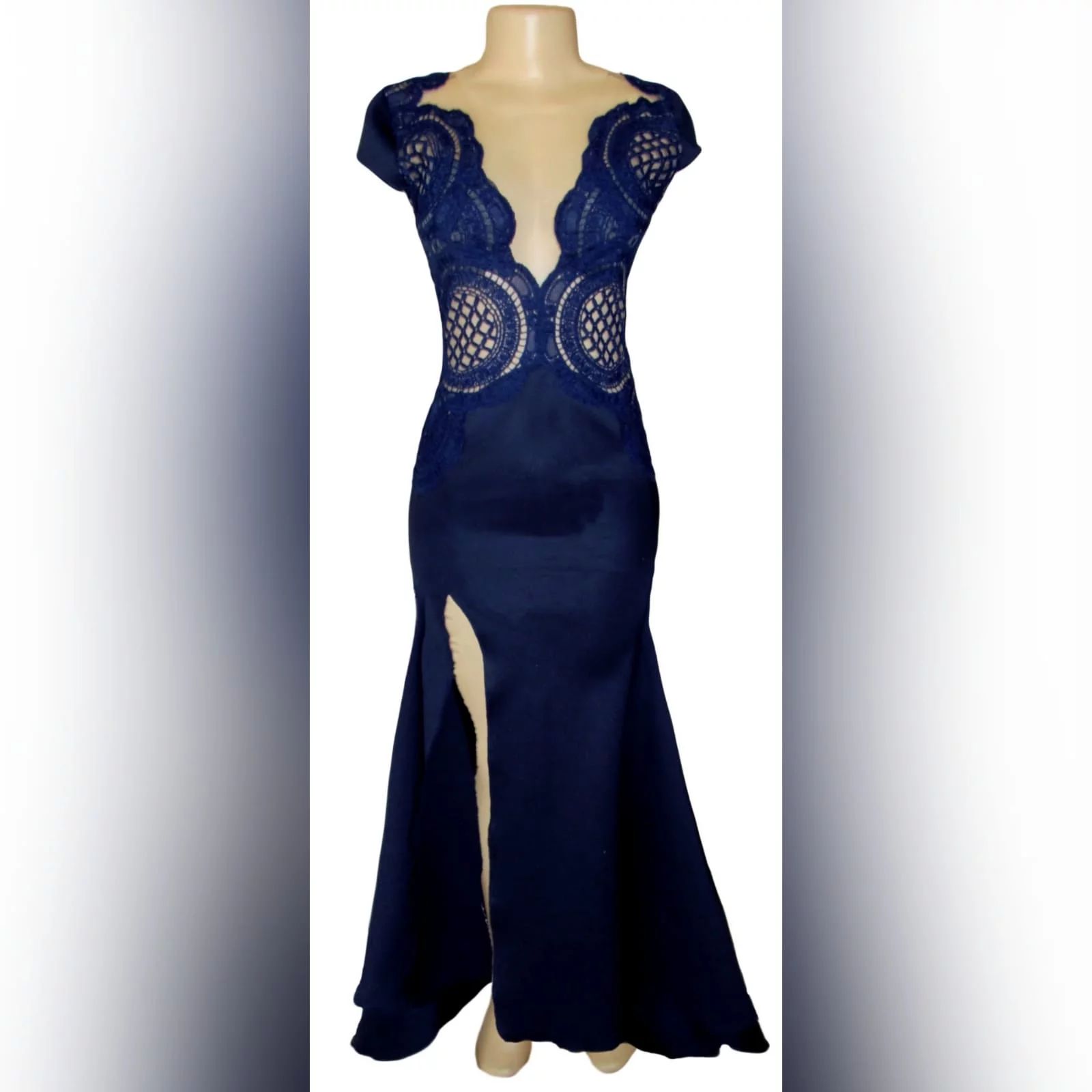 Navy blue long flowy dress with lace bodice 4 navy blue long flowy dress with lace bodice, v neckline & low v open back with a slit.