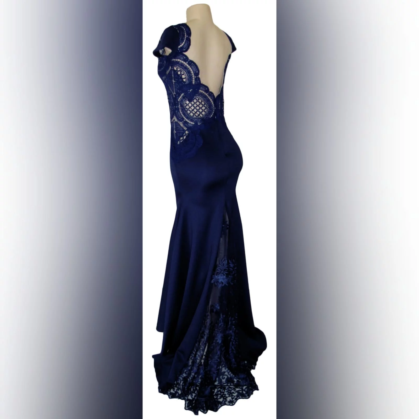 Navy blue long flowy dress with lace bodice 8 navy blue long flowy dress with lace bodice, v neckline & low v open back with a slit.