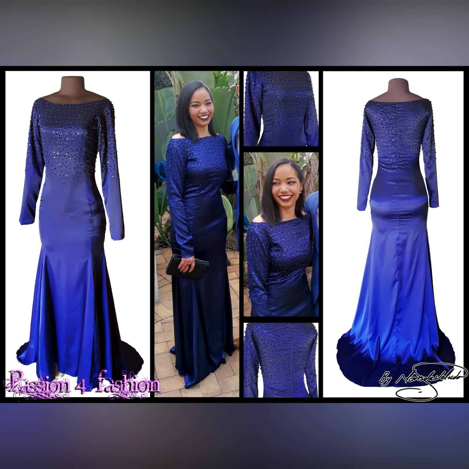 Navy blue satin tight fitting long prom dress 3 beaded prom dress in navy blue. Sophisticated and elegant mermaid satin dress, jewel neckline, long sleeves and a small train. Two-sided bodice with sleeves with beads, pearls, stones and sequins.
