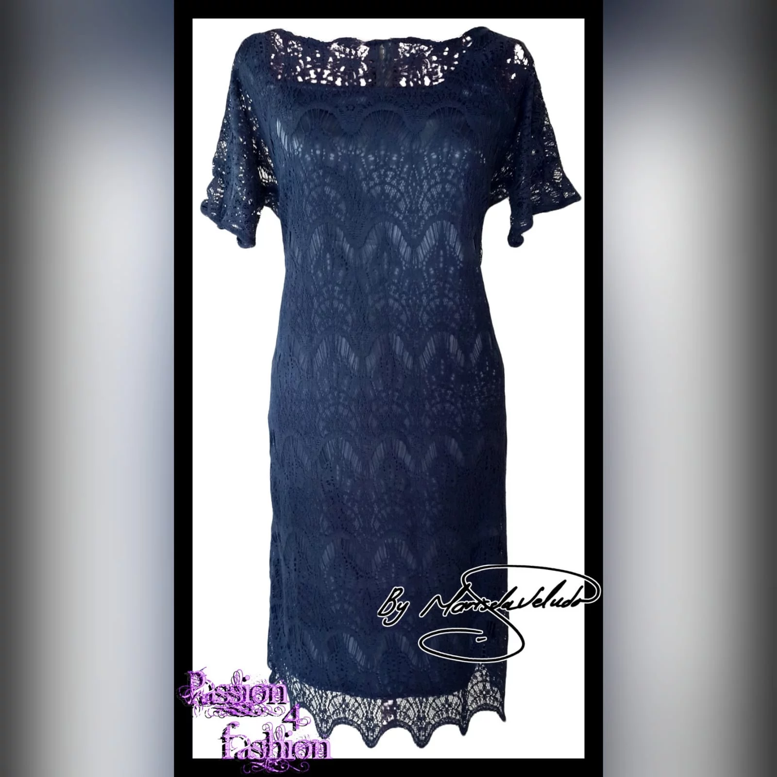 Navy blue short mother of the bride dress 2 navy blue short knee length mother of the bride dress, fully laced with a scallop hem and short sheer lace sleeves