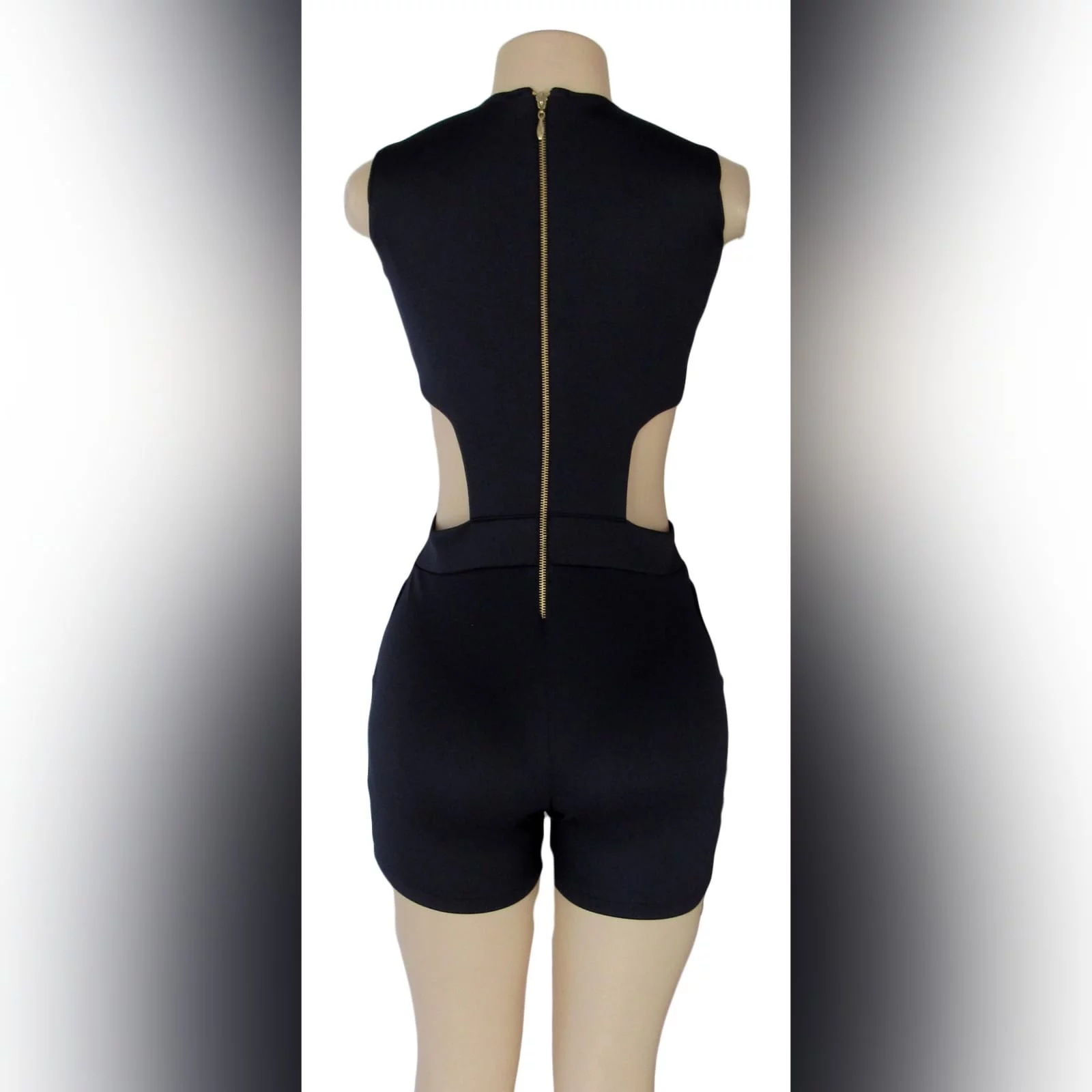 Navy blue smart casual bodysuit 3 navy blue smart casual bodysuit, with side tummy openings, v neckline detailed with lace-up detail, and back with a gold zipper.