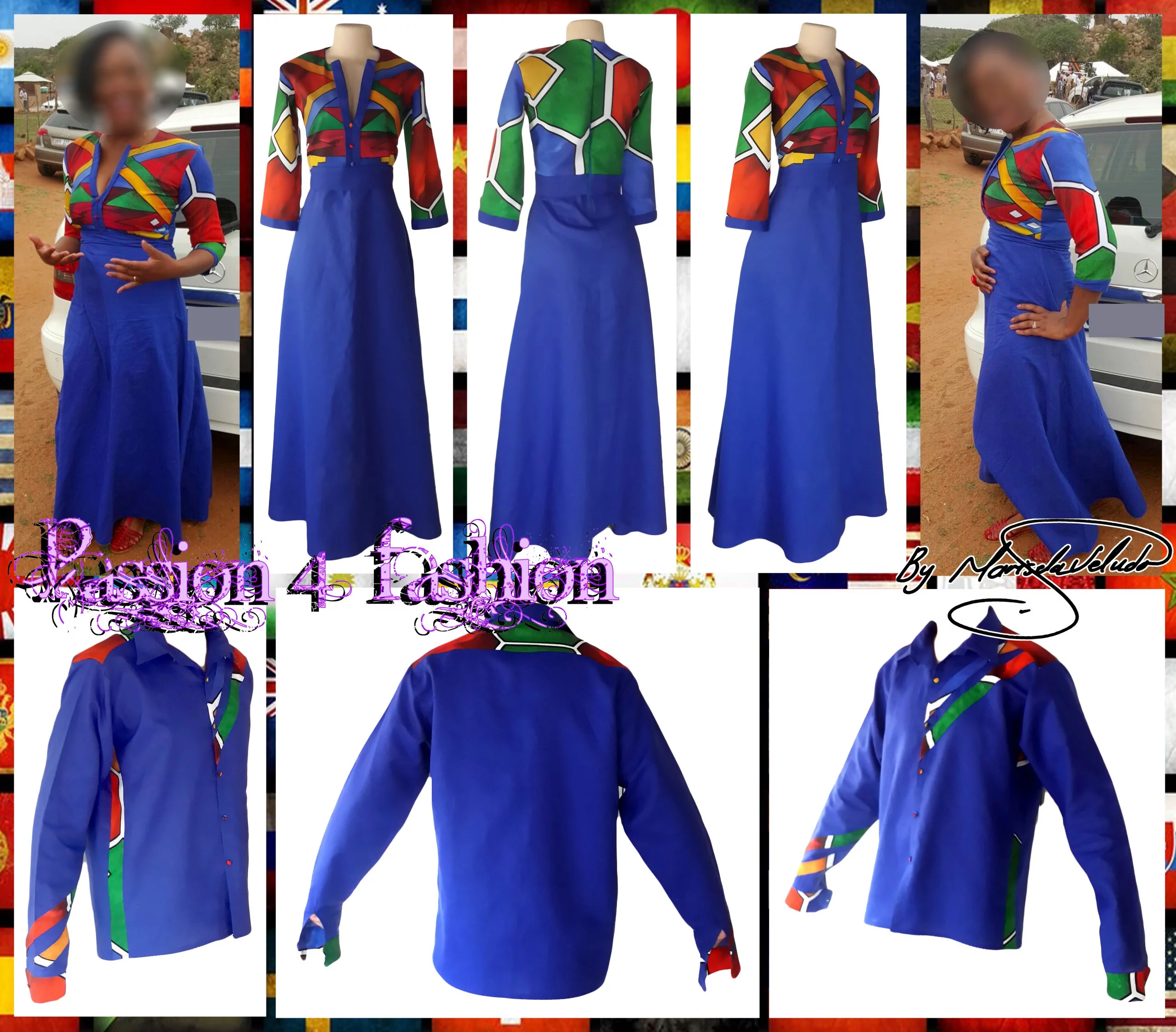 Royal blue ndebele dress and matching ndebele shirt 2 royal blue and ndebele empire fit dress. Bodice with ndebele print and 3/4 sleeves and an under bust belt. Mens matching ndebele shirt in royal blue. Traditional wedding attire.