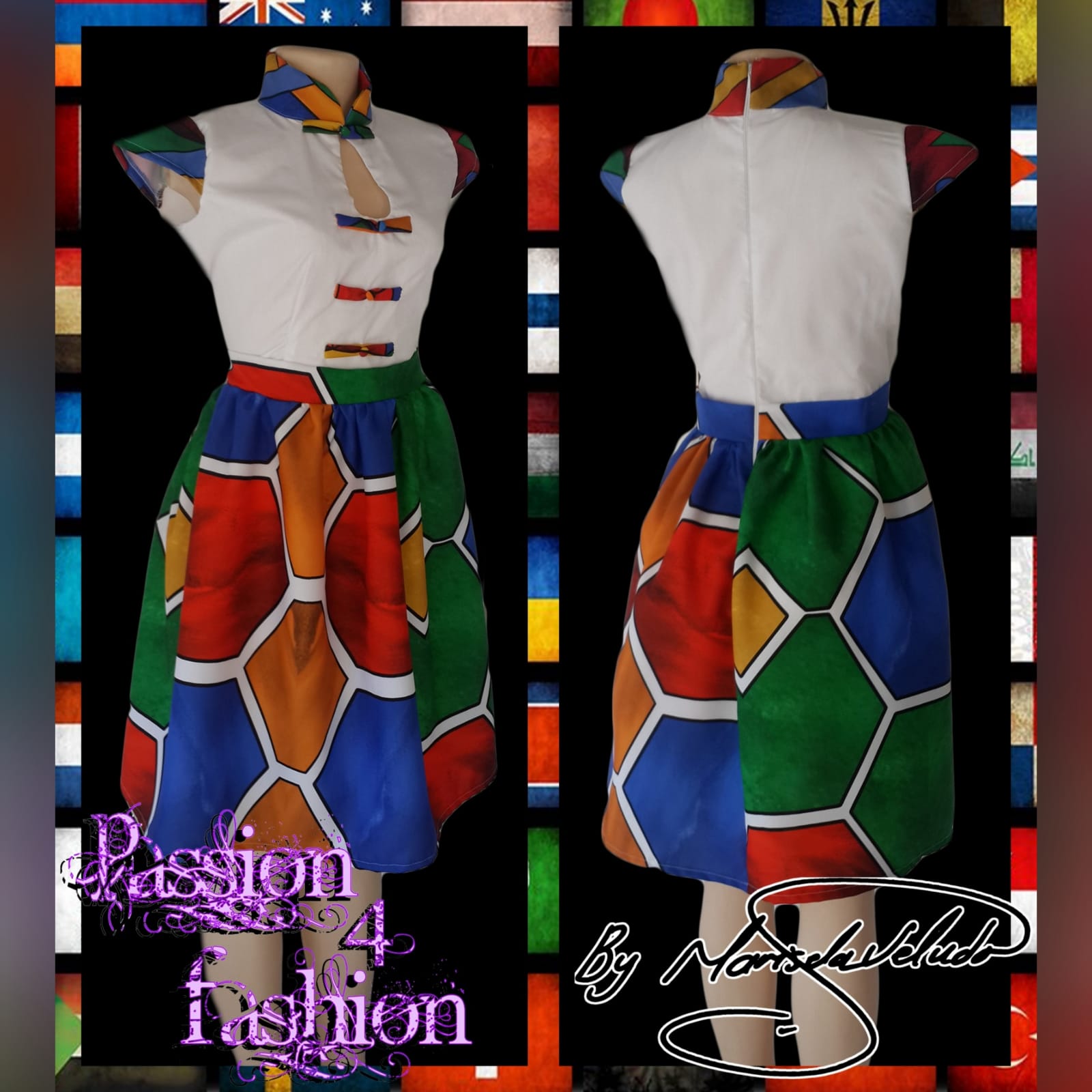 Ndebele dress with white bodice and ndebele print detail 4 traditional ndebele dress, white bodice, chinese collar, cap sleeves and button detail in ndebele print. Bottom of dress in full ndebele print.