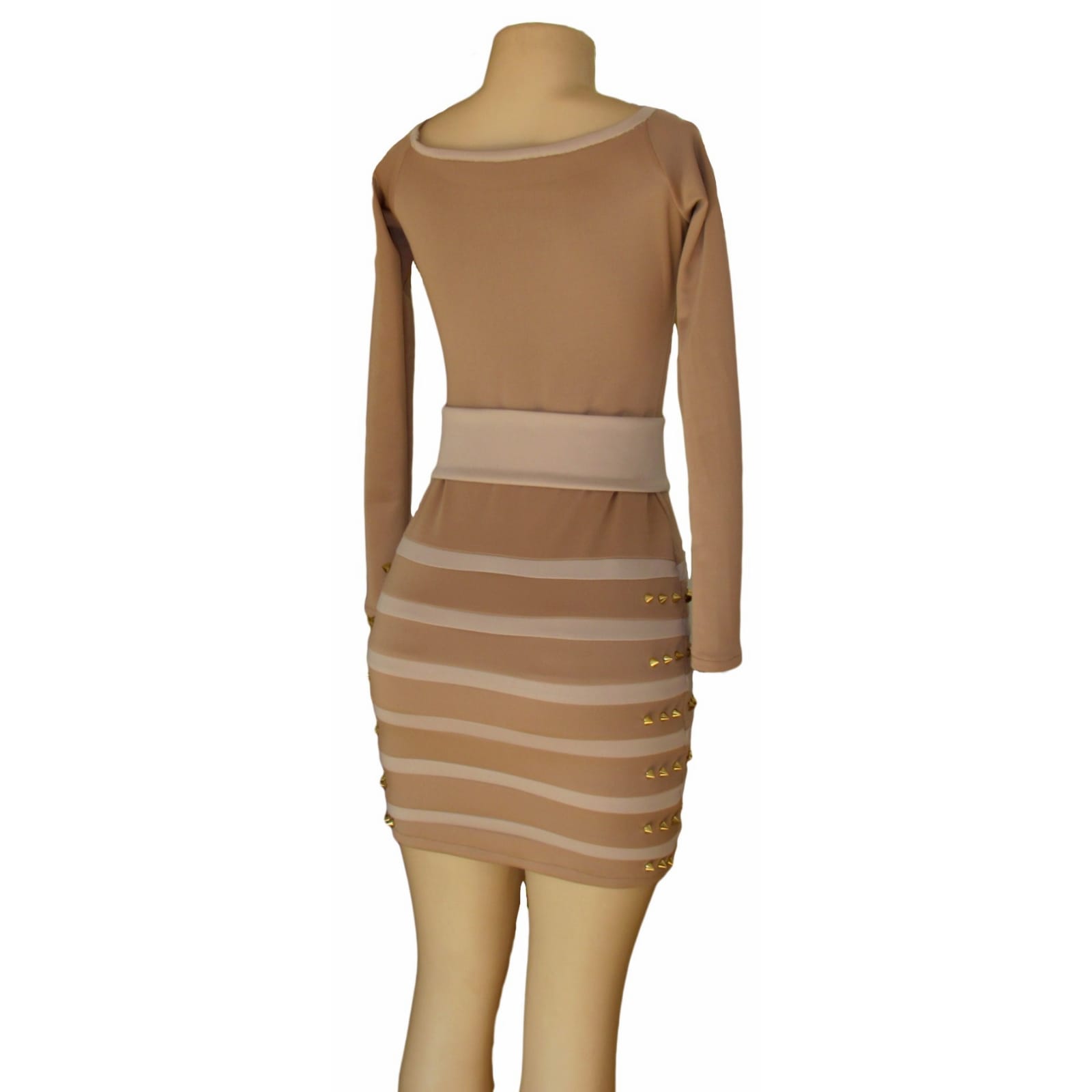 Nude and tan tight fitting short evening dress 3 nude and tan tight fitting short evening dress with a square neckline, long sleeves, a removable belt, detailed with gold spiked studs.