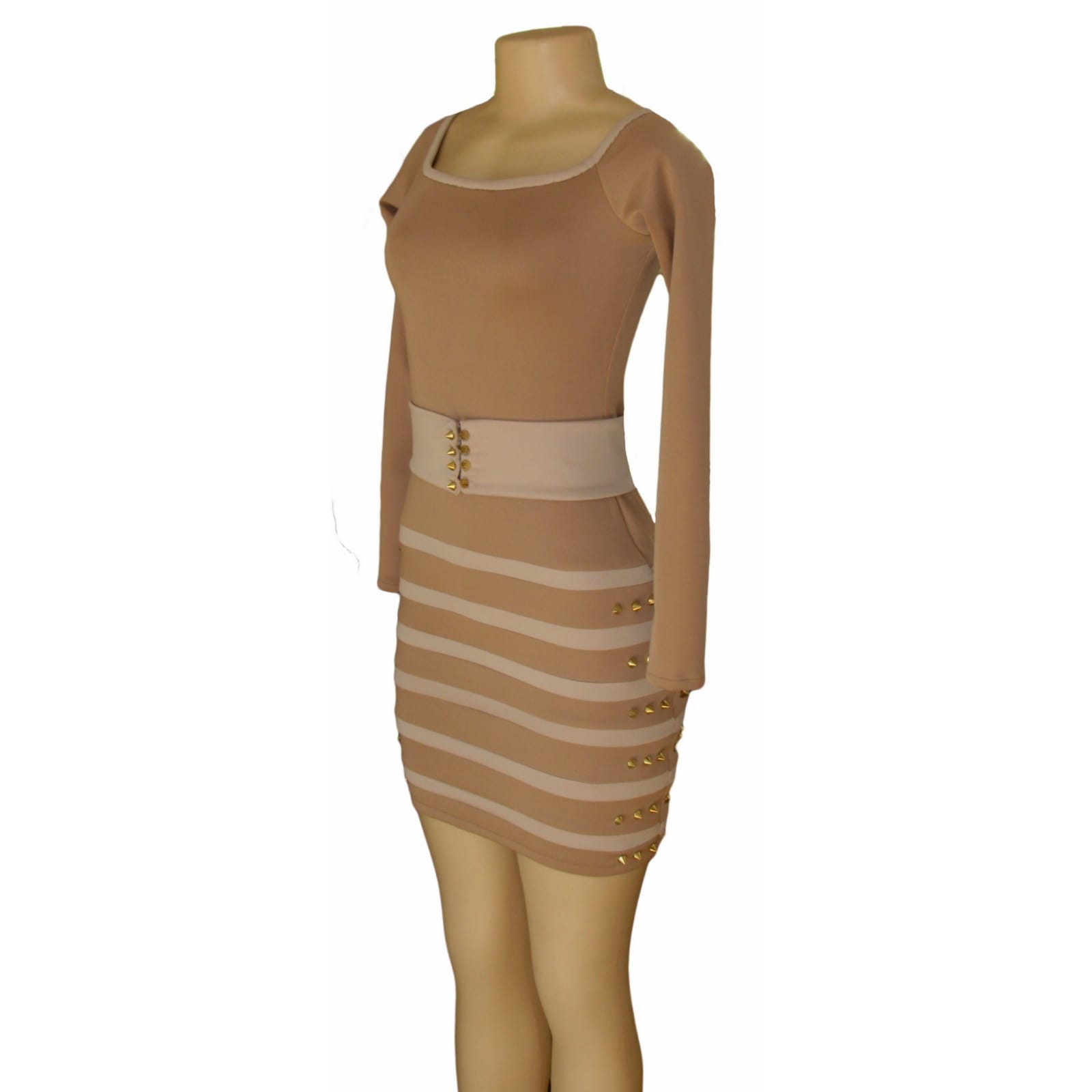 Nude and tan tight fitting short evening dress 1 nude and tan tight fitting short evening dress with a square neckline, long sleeves, a removable belt, detailed with gold spiked studs.