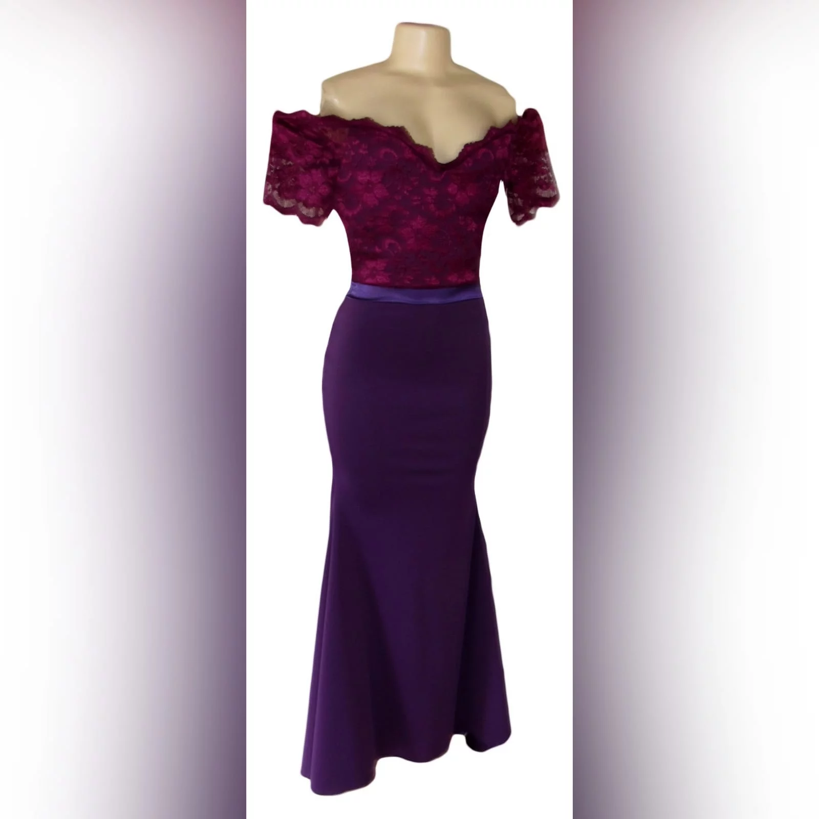 Off shoulder 2 tone purple soft mermaid bridesmaid dress 1 off shoulder 2 tone purple soft mermaid bridesmaid dress with a lace bodice. Detailed with a satin belt and buttons.