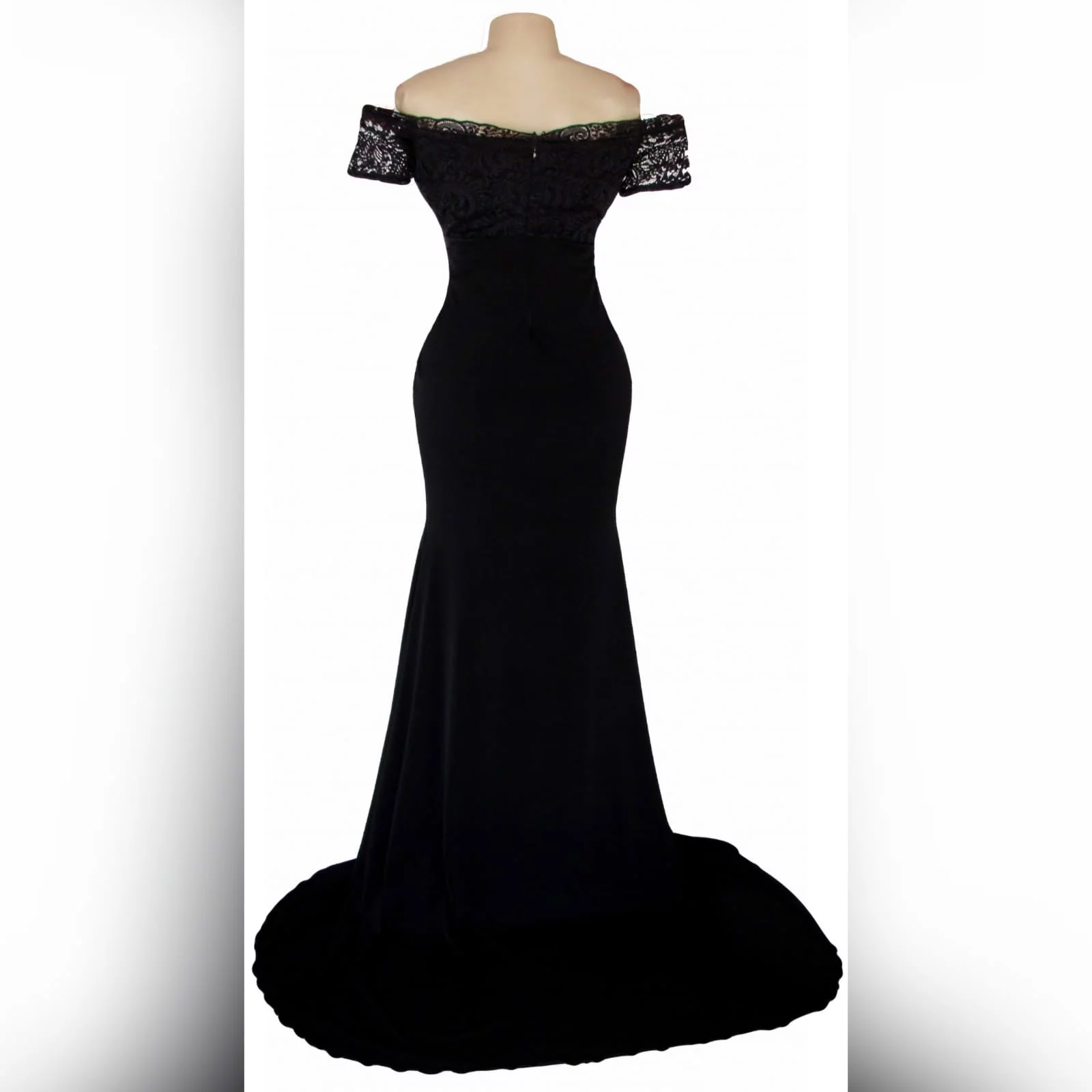 Off shoulder black formal dress 5 long black lace bodice, off shoulder formal dance dress with a slit and a train and off shoulder short sleeves