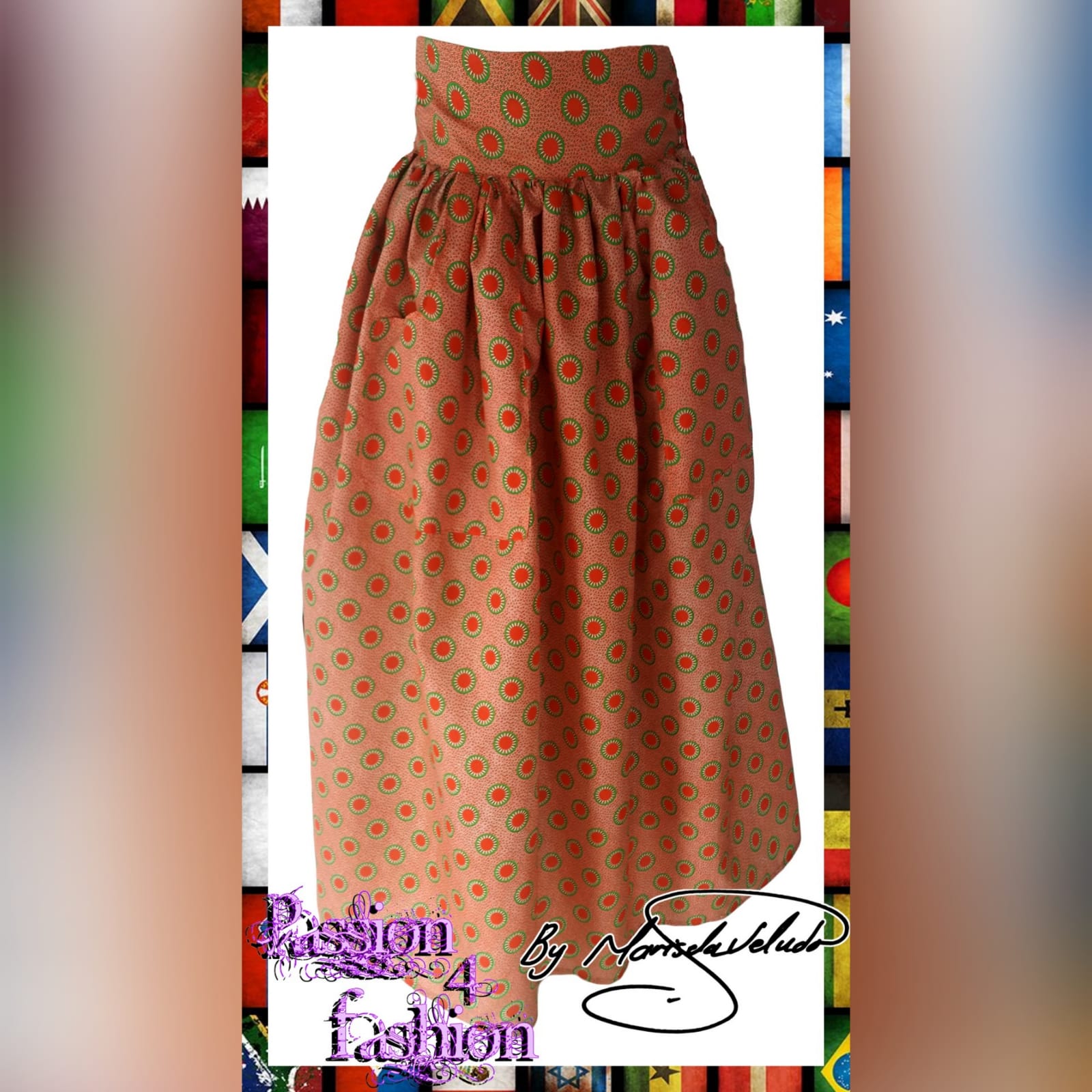 Orange traditional print long high waist skirt 1 orange traditional print long high waisted skirt
