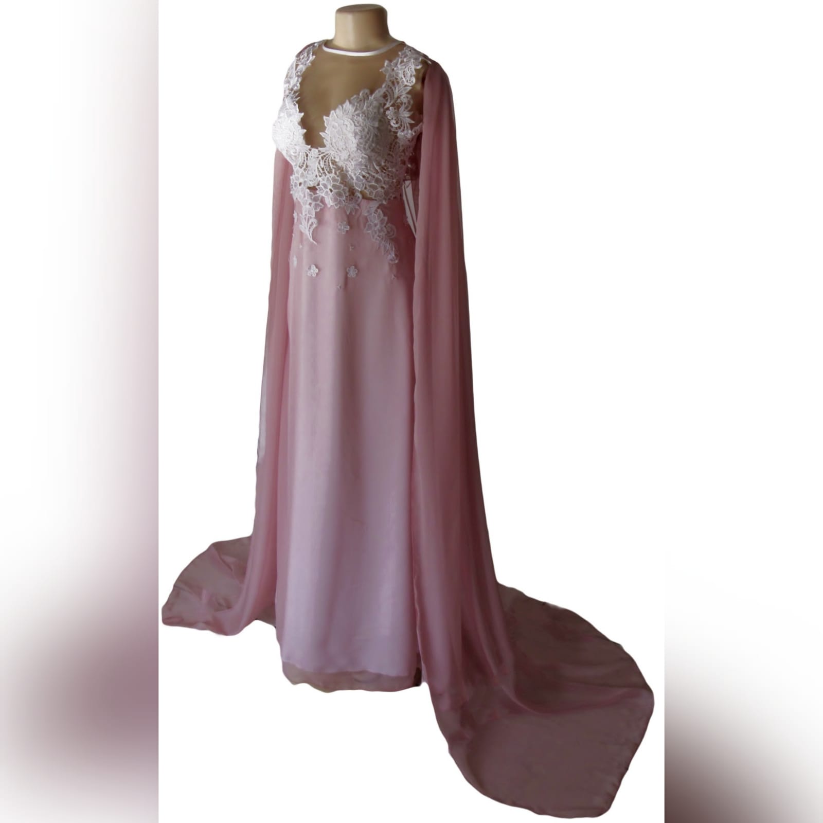 Pink and white lace bodice, long chiffon prom dress 5 pink and white lace bodice, long chiffon prom dress. With a v back and a long chiffon cape.