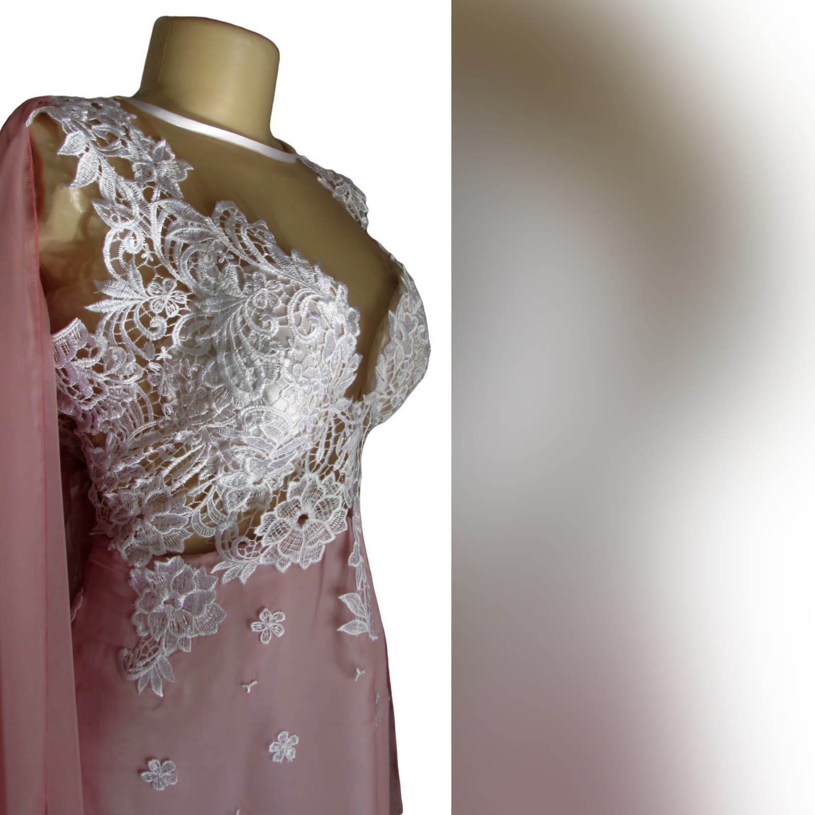 Pink and white lace bodice, long chiffon prom dress 3 pink and white lace bodice, long chiffon prom dress. With a v back and a long chiffon cape.