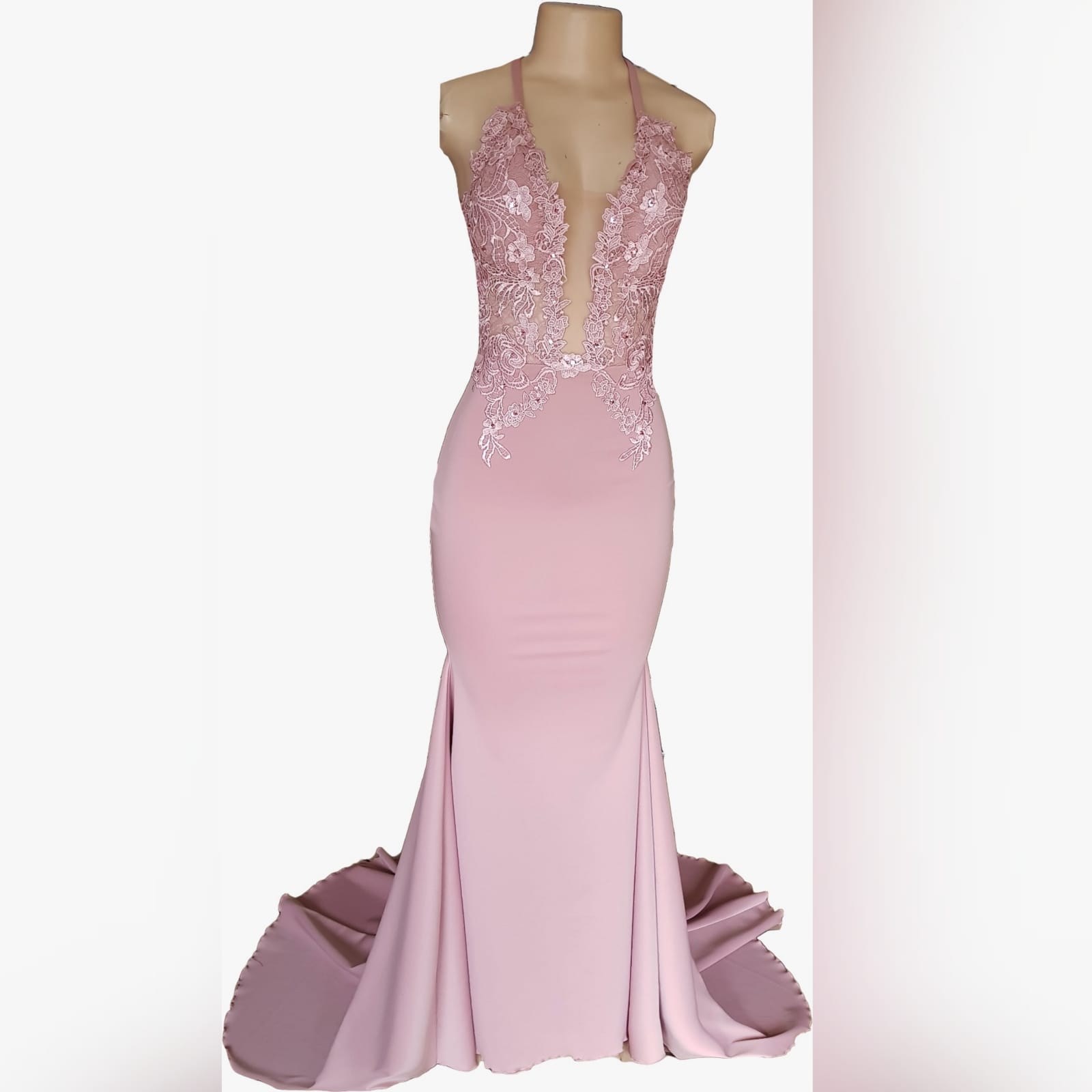 Pink sexy soft mermaid prom dress 6 look ravishing on your prom night with this pink sexy soft mermaid prom dress. A fitted lace bodice with a plunging neckline, low back and a train to add some glamour to your important event.