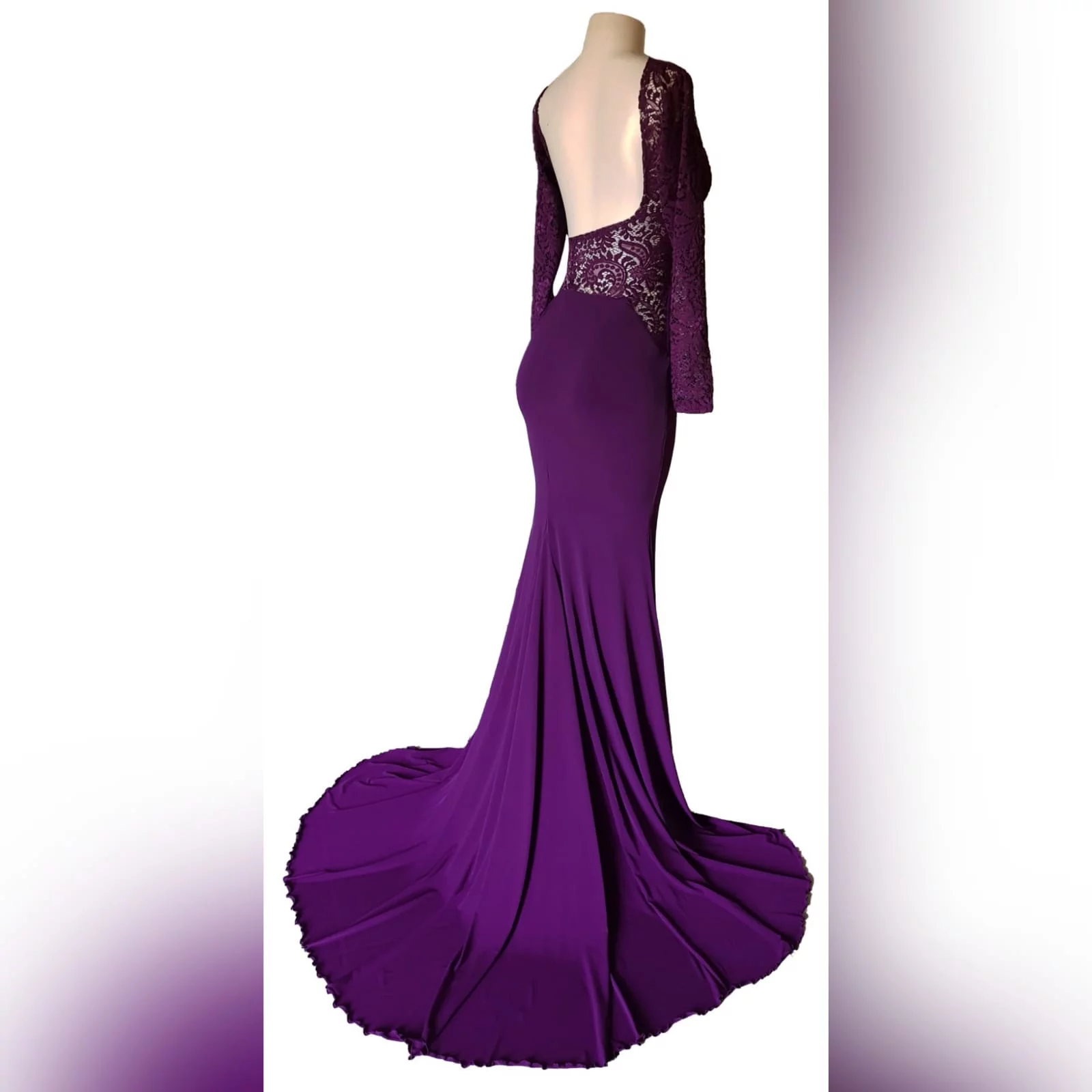 Plum lace bodice soft mermaid matric dance dress 7 plum lace bodice, soft mermaid matric dance dress with a low open rounded open back and hip lace design. With long lace sleeves and a long train.