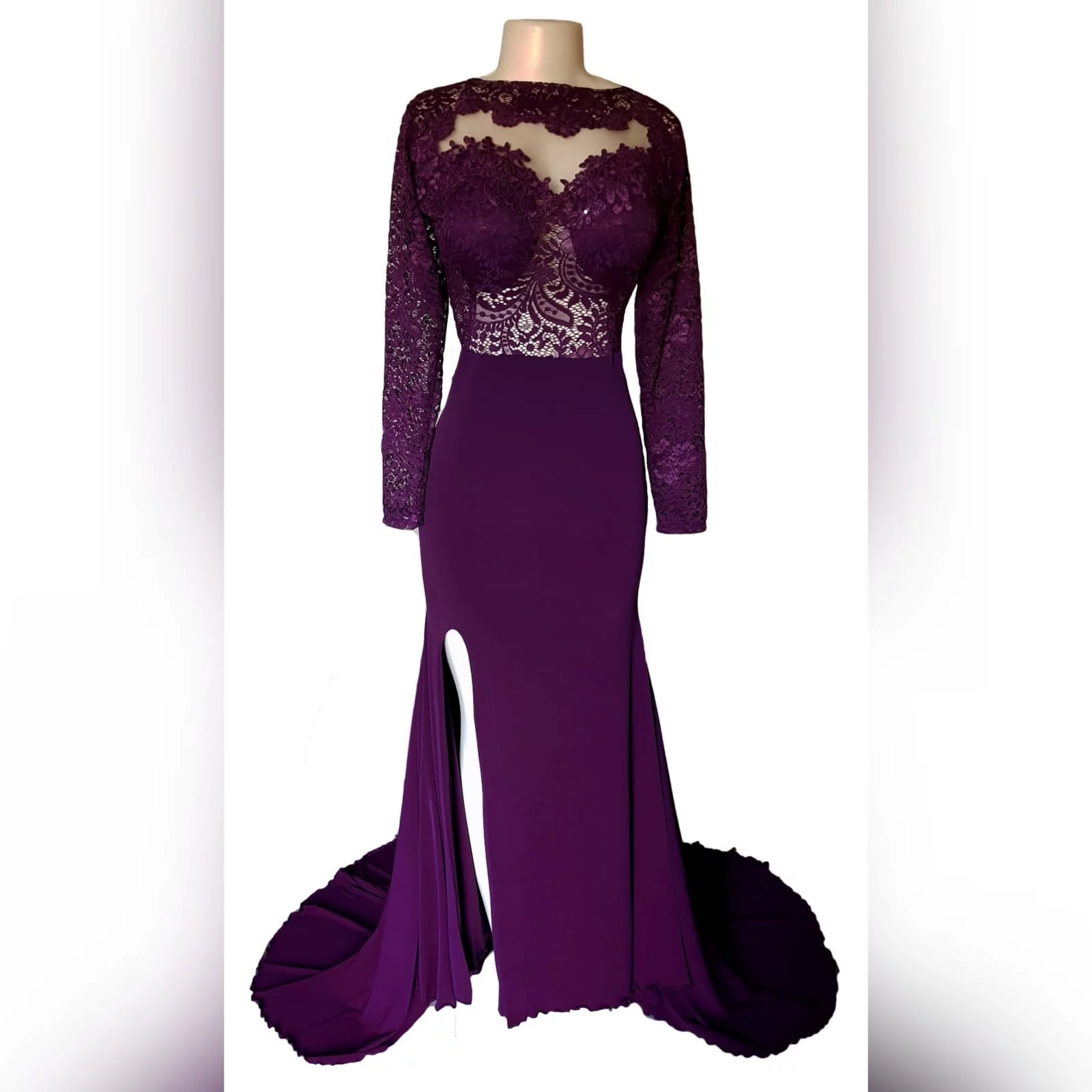 Plum lace bodice soft mermaid prom dress 3 plum lace bodice, soft mermaid prom dress with a low open rounded open back and hip lace design. With long lace sleeves and a long train.
