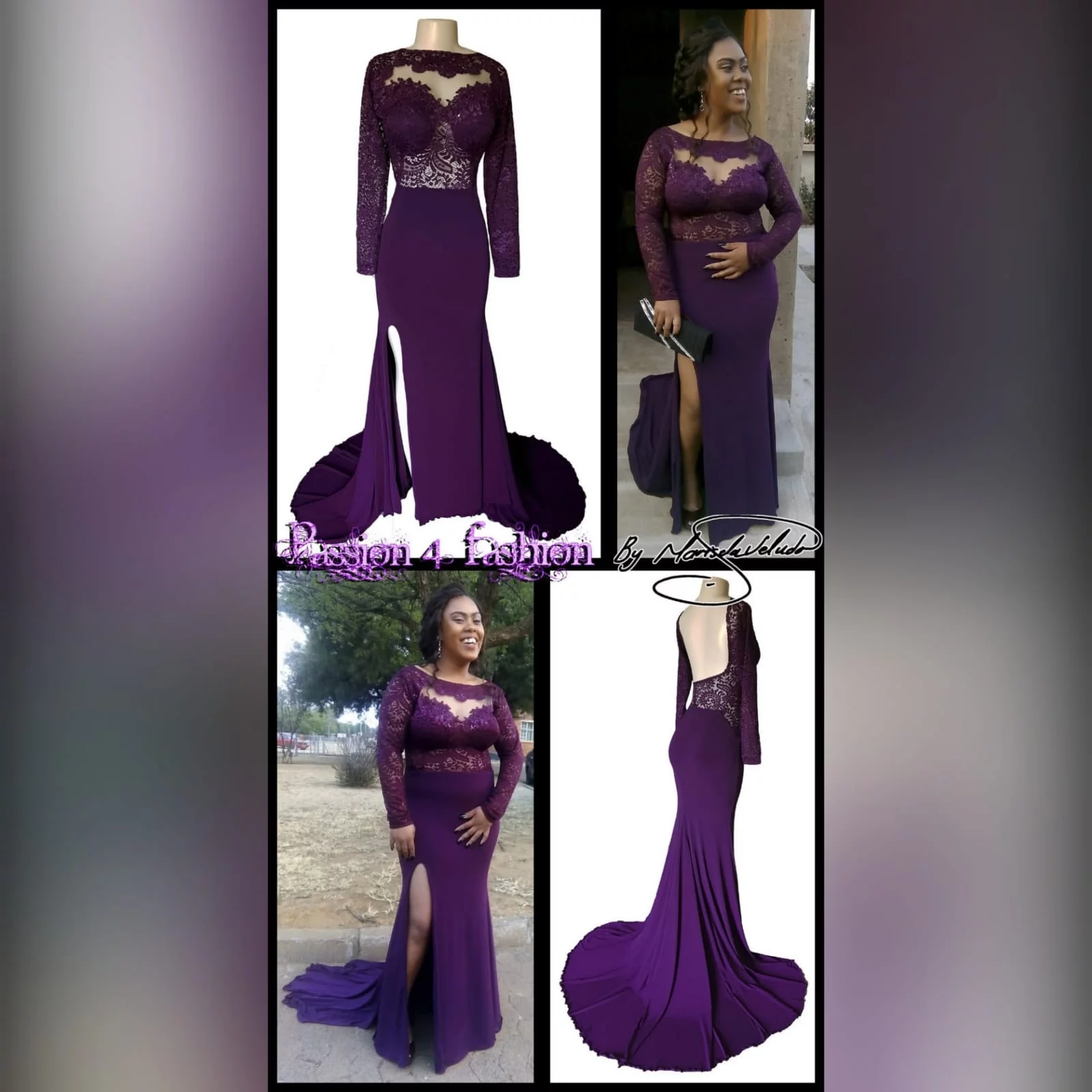 Plum lace bodice soft mermaid matric dance dress 2 plum lace bodice, soft mermaid matric dance dress with a low open rounded open back and hip lace design. With long lace sleeves and a long train.