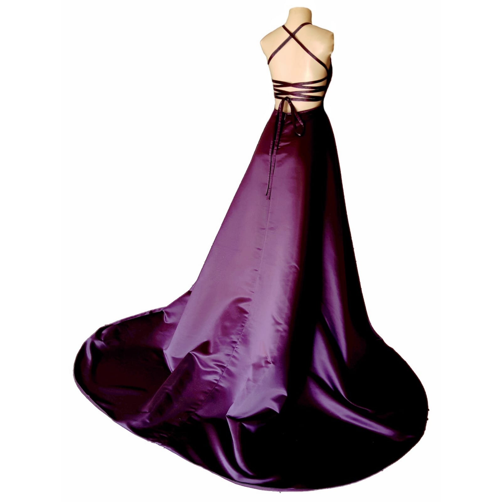Plum long flowy prom dress with a plunging neckline 8 plum long flowy prom dress with a plunging neckline and a lace up open back with a slit and train.