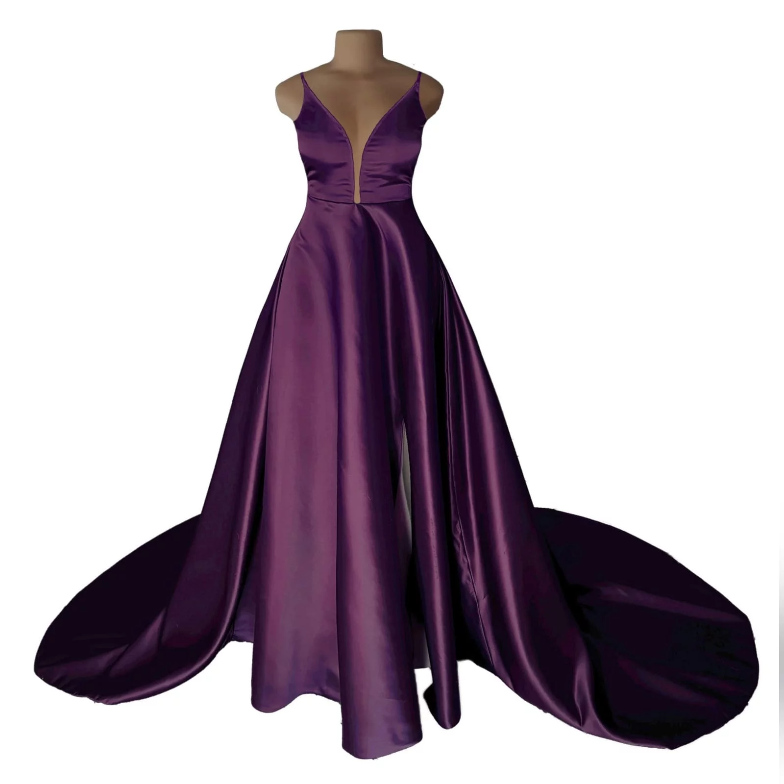 Plum long flowy prom dress with a plunging neckline 7 plum long flowy prom dress with a plunging neckline and a lace up open back with a slit and train.