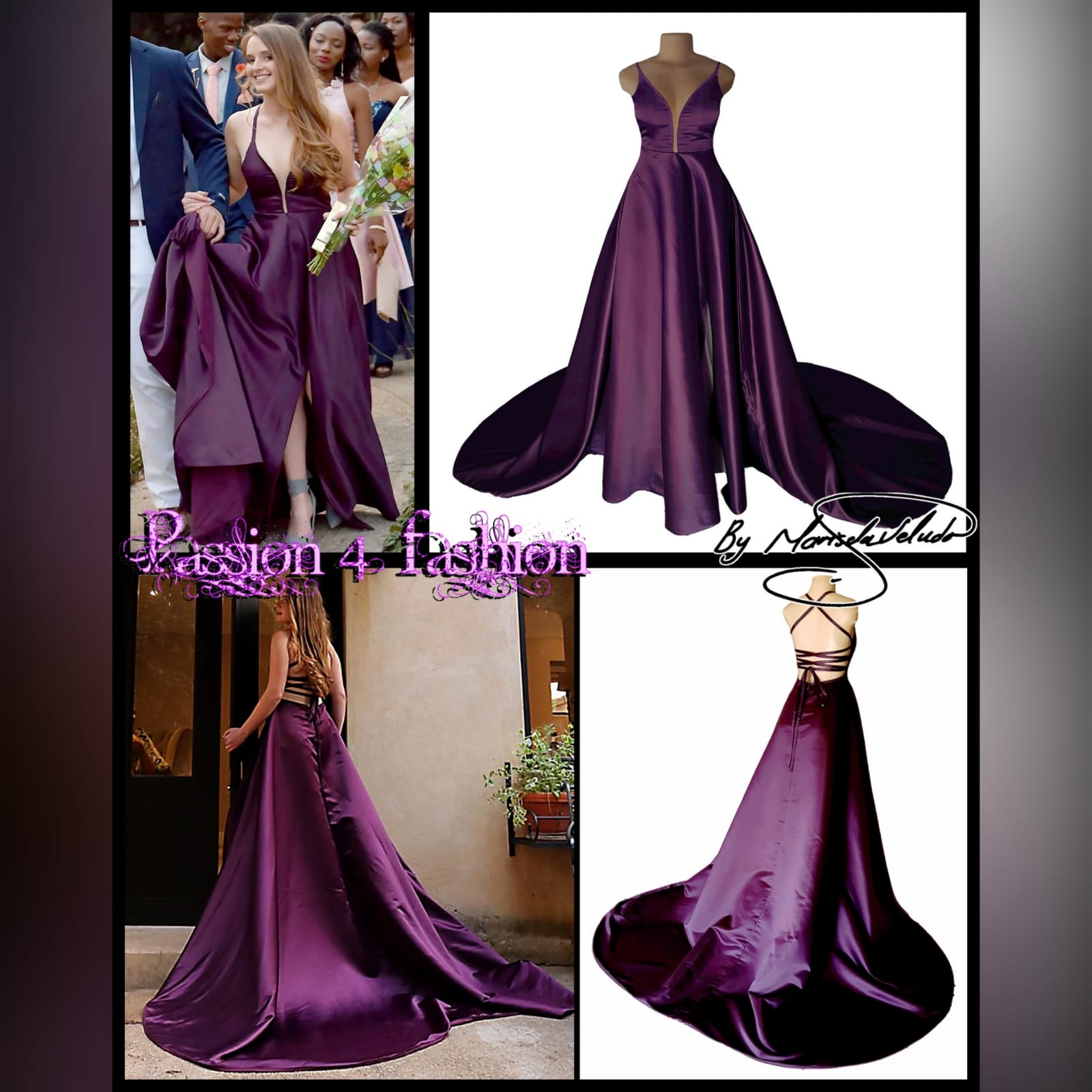 Plum long flowy prom dress with a plunging neckline 6 plum long flowy prom dress with a plunging neckline and a lace up open back with a slit and train.