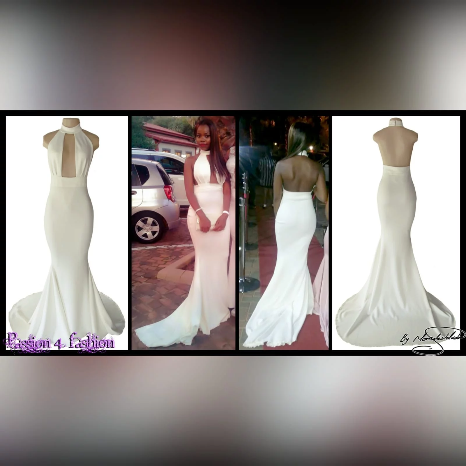 Plugning neckline ivory soft mermaid matric dance dress 2 ivory soft mermaid matric dress with a plunging and choker neckline with a naked back and a train
