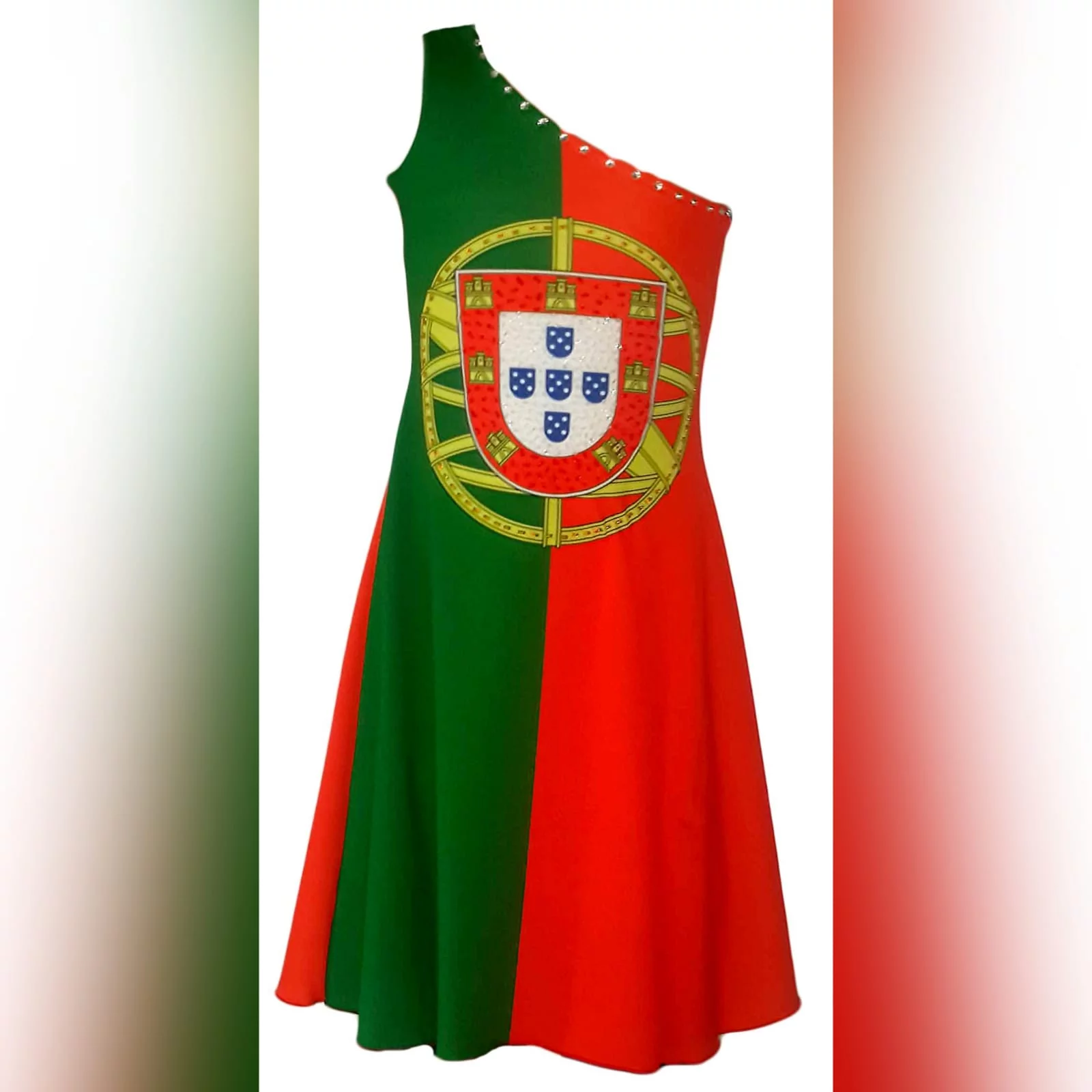 Portuguese flag and south african flag dress 6 single shoulder dress with the portuguese flag in the front and the south african flag at the back. Bead detailing on the front and the back. Worn for heritage day. She won a prize for best dressed.