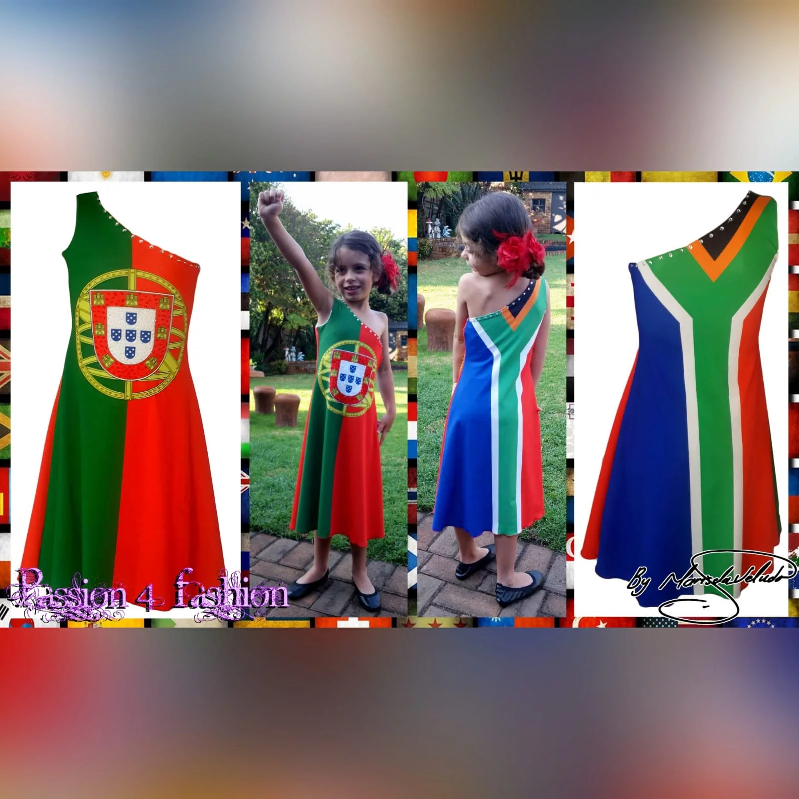 Portuguese flag and south african flag dress 5 single shoulder dress with the portuguese flag in the front and the south african flag at the back. Bead detailing on the front and the back. Worn for heritage day. She won a prize for best dressed.