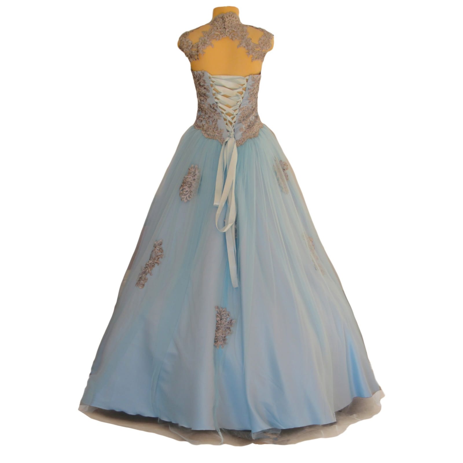 Powder blue and silver prom ball gown dress 9 powder blue and silver prom ball gown dress. With a lace-up back. Bodice detailed with silver lace and beads. Illusion neckline and shoulders. Bottom of the dress with tulle detailed with lace appliques.