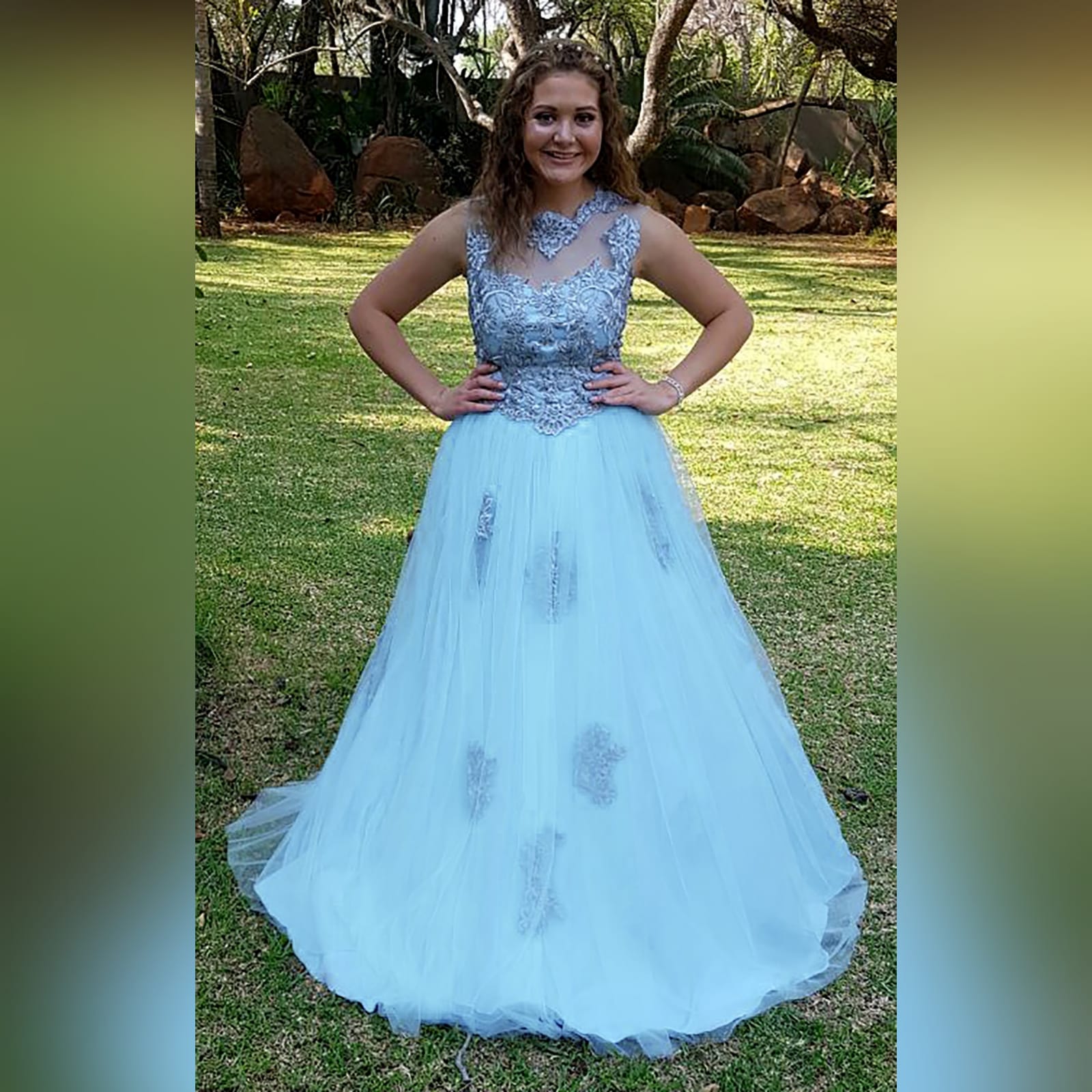Powder blue and silver prom ball gown dress 5 powder blue and silver prom ball gown dress. With a lace-up back. Bodice detailed with silver lace and beads. Illusion neckline and shoulders. Bottom of the dress with tulle detailed with lace appliques.