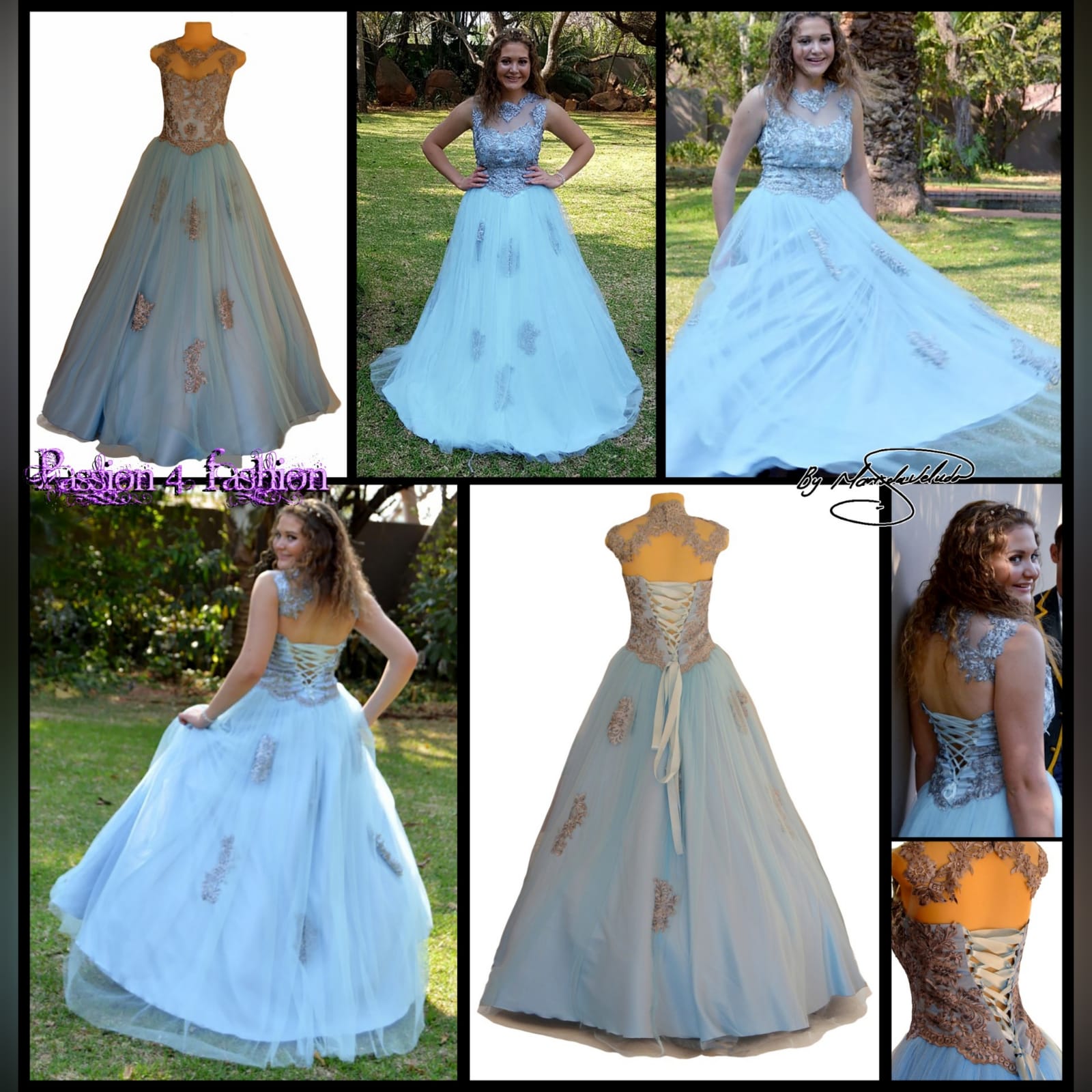Powder blue and silver prom ball gown dress 7 powder blue and silver prom ball gown dress. With a lace-up back. Bodice detailed with silver lace and beads. Illusion neckline and shoulders. Bottom of the dress with tulle detailed with lace appliques.