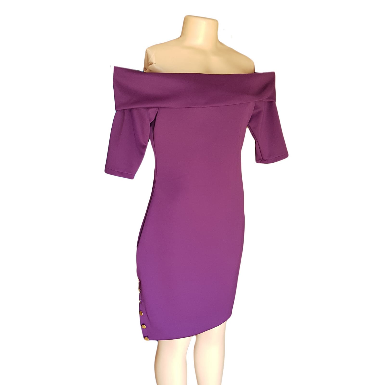Purple knee length off shoulder smart casual dress 3 purple knee length off shoulder smart casual dress with 3/4 sleeves and a side slit detailed with gold buttons