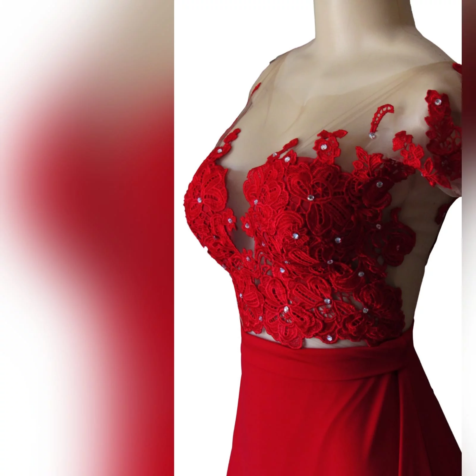 Red flowy lace bodice prom dress 9 red flowy lace bodice prom dress. With an illusion lace bodice detailed with silver beads and buttons. Evening dress with a slit and a train.